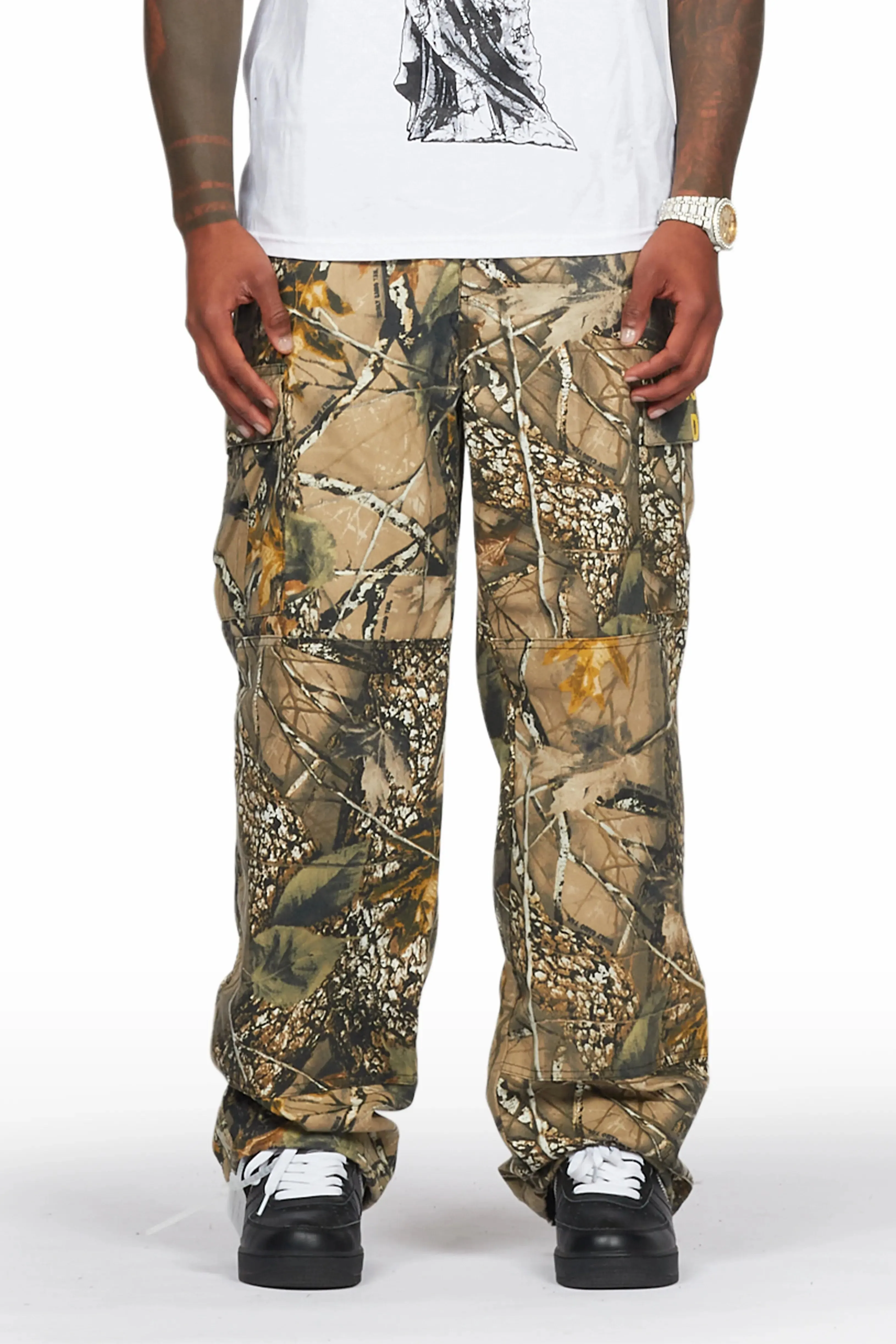 Acko Beige Tree Camo Cargo Graphic Pants