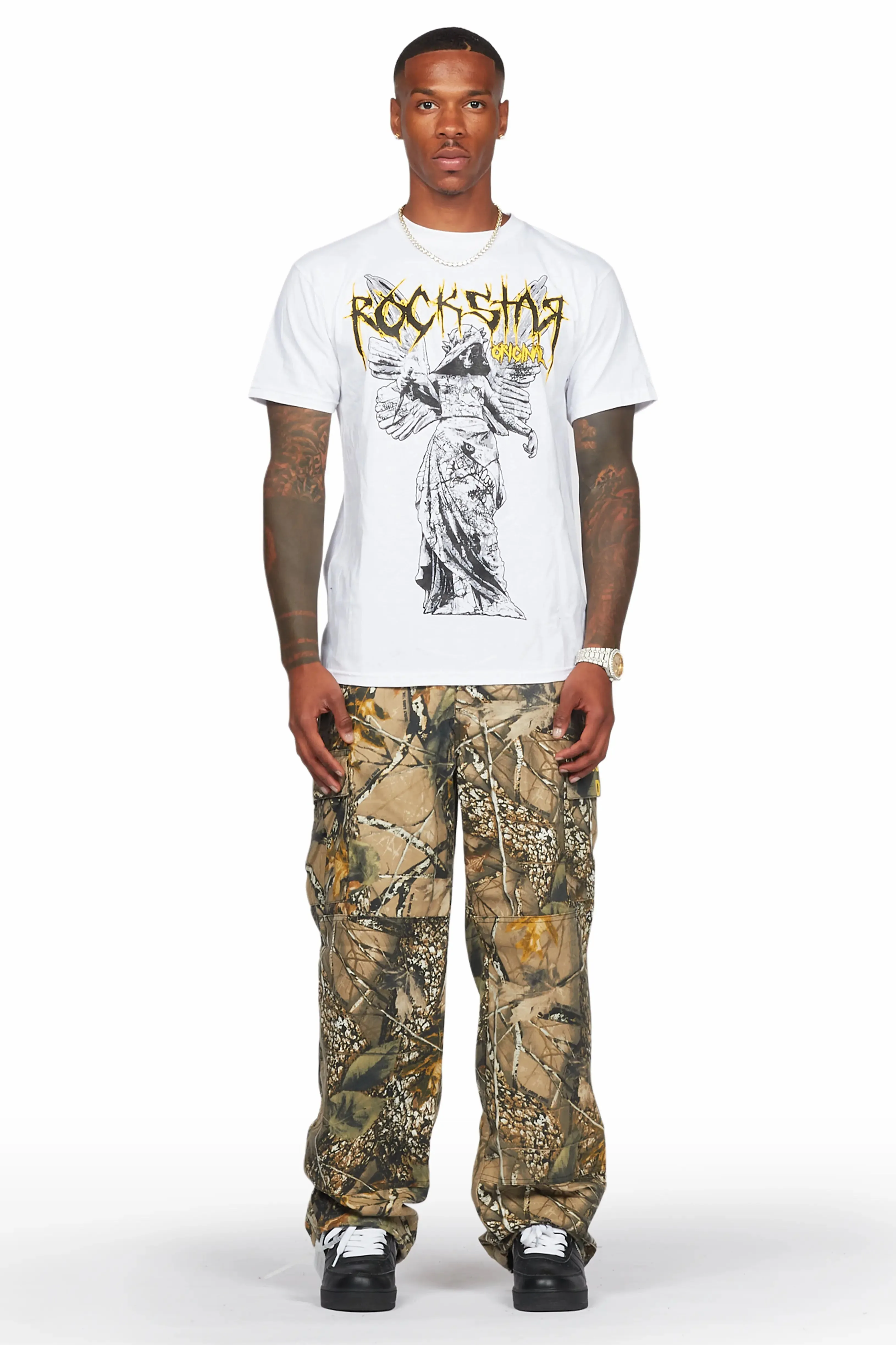 Acko Beige Tree Camo Cargo Graphic Pants