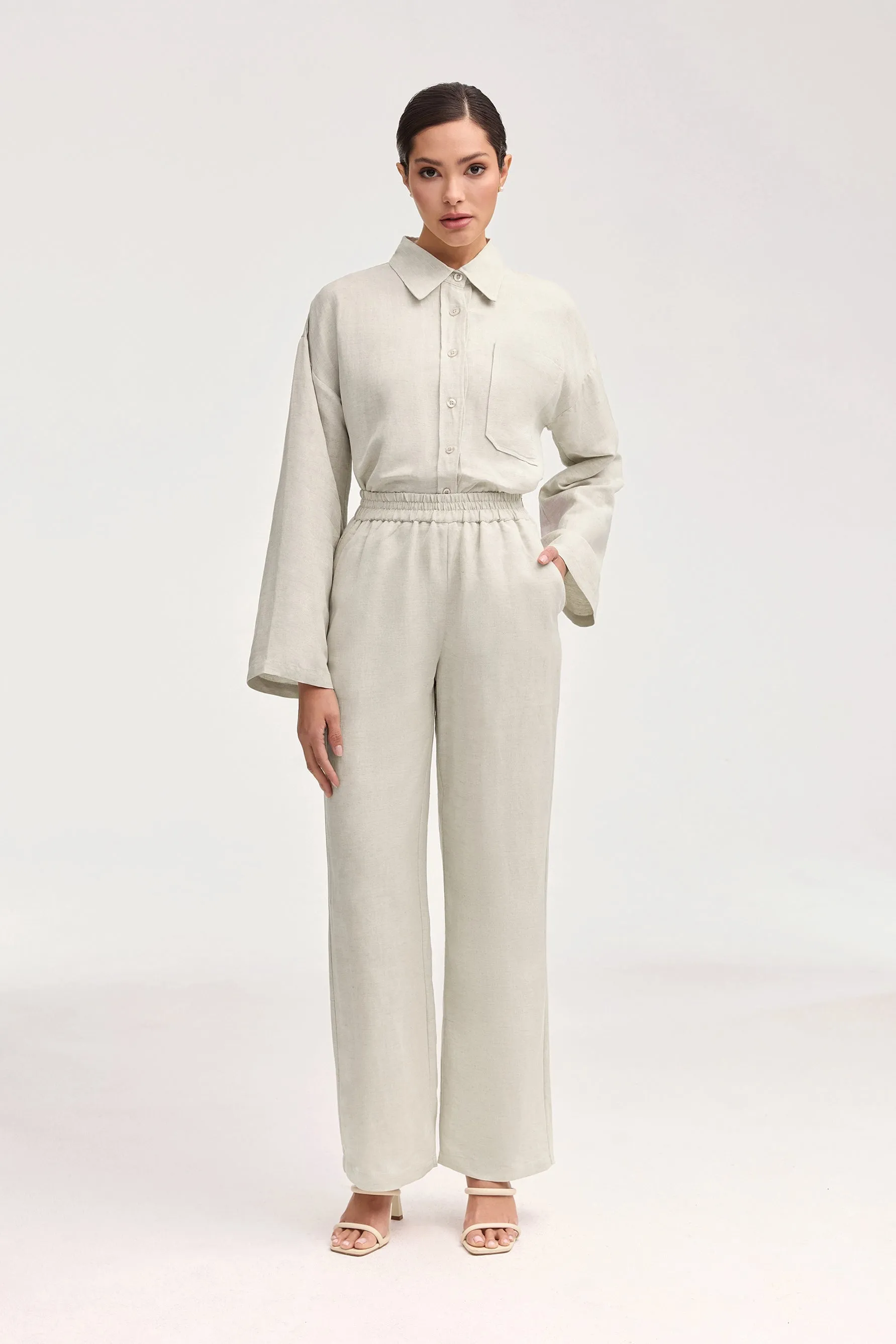 Adalila Linen Wide Leg Pants - Oatmeal