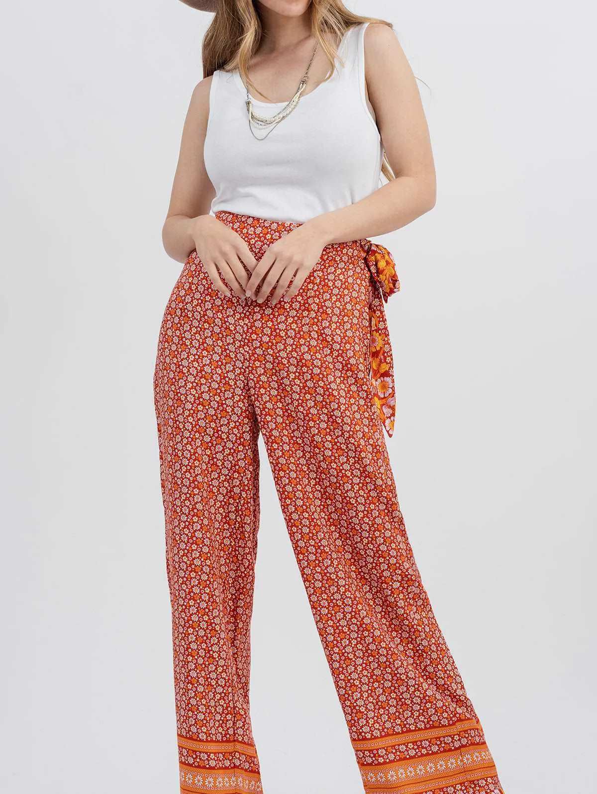 American Bling Women Floral Print Tie Waist Wide Leg Pants