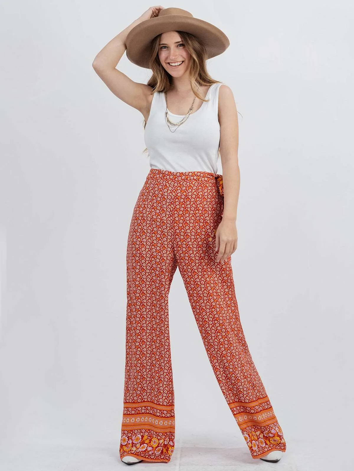 American Bling Women Floral Print Tie Waist Wide Leg Pants