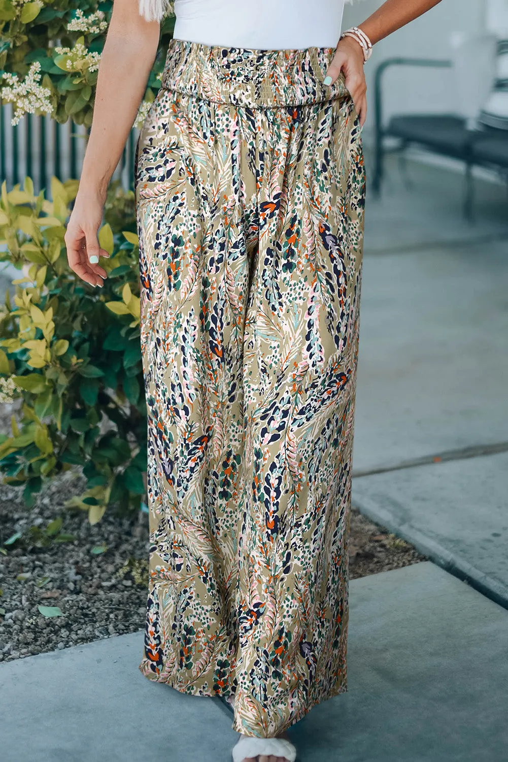 Anna Printed Smocked Waist Wide Leg Pants