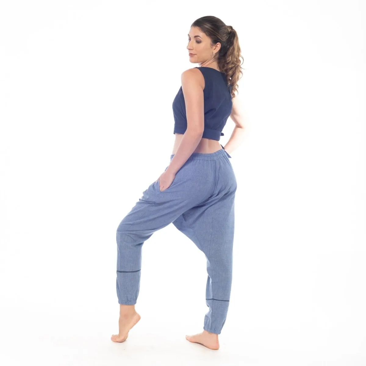 Azure-Blue Handwoven Cotton Yoga Pants | Athleisure Pegged Pants