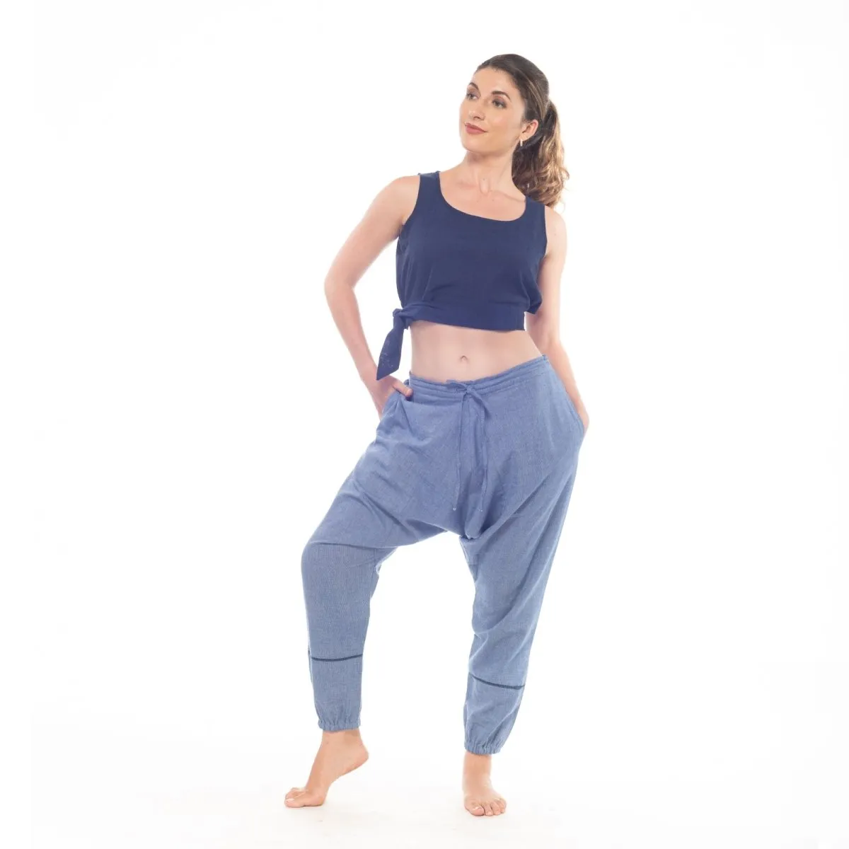 Azure-Blue Handwoven Cotton Yoga Pants | Athleisure Pegged Pants