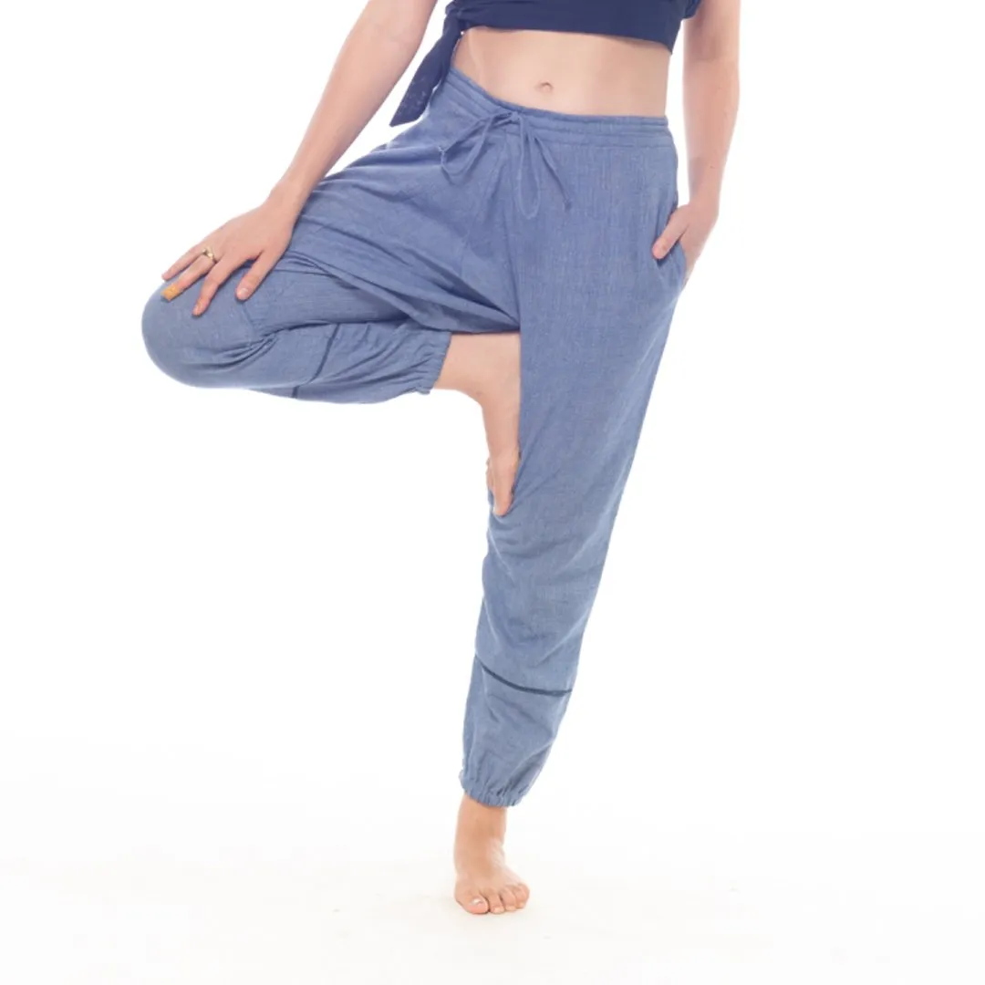 Azure-Blue Handwoven Cotton Yoga Pants | Athleisure Pegged Pants