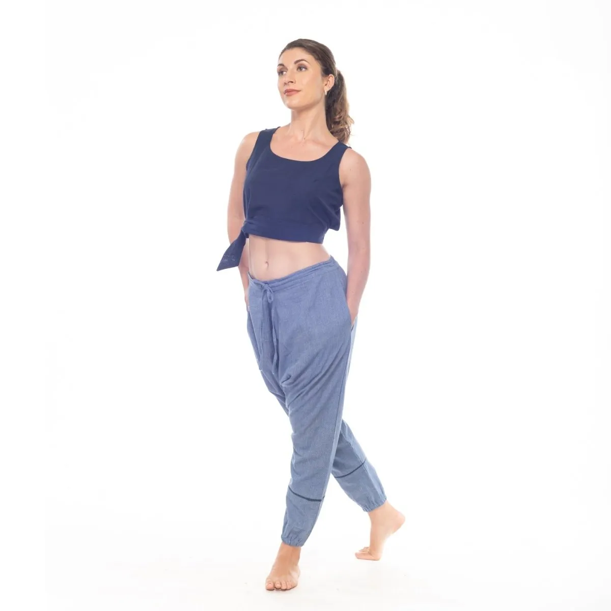 Azure-Blue Handwoven Cotton Yoga Pants | Athleisure Pegged Pants