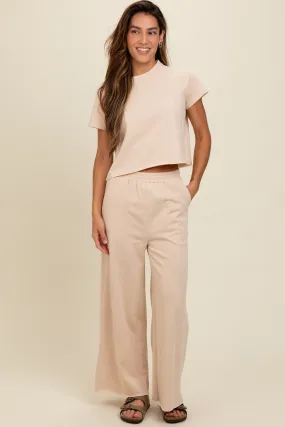 Beige Basic Tee And Wide Leg Pant Set