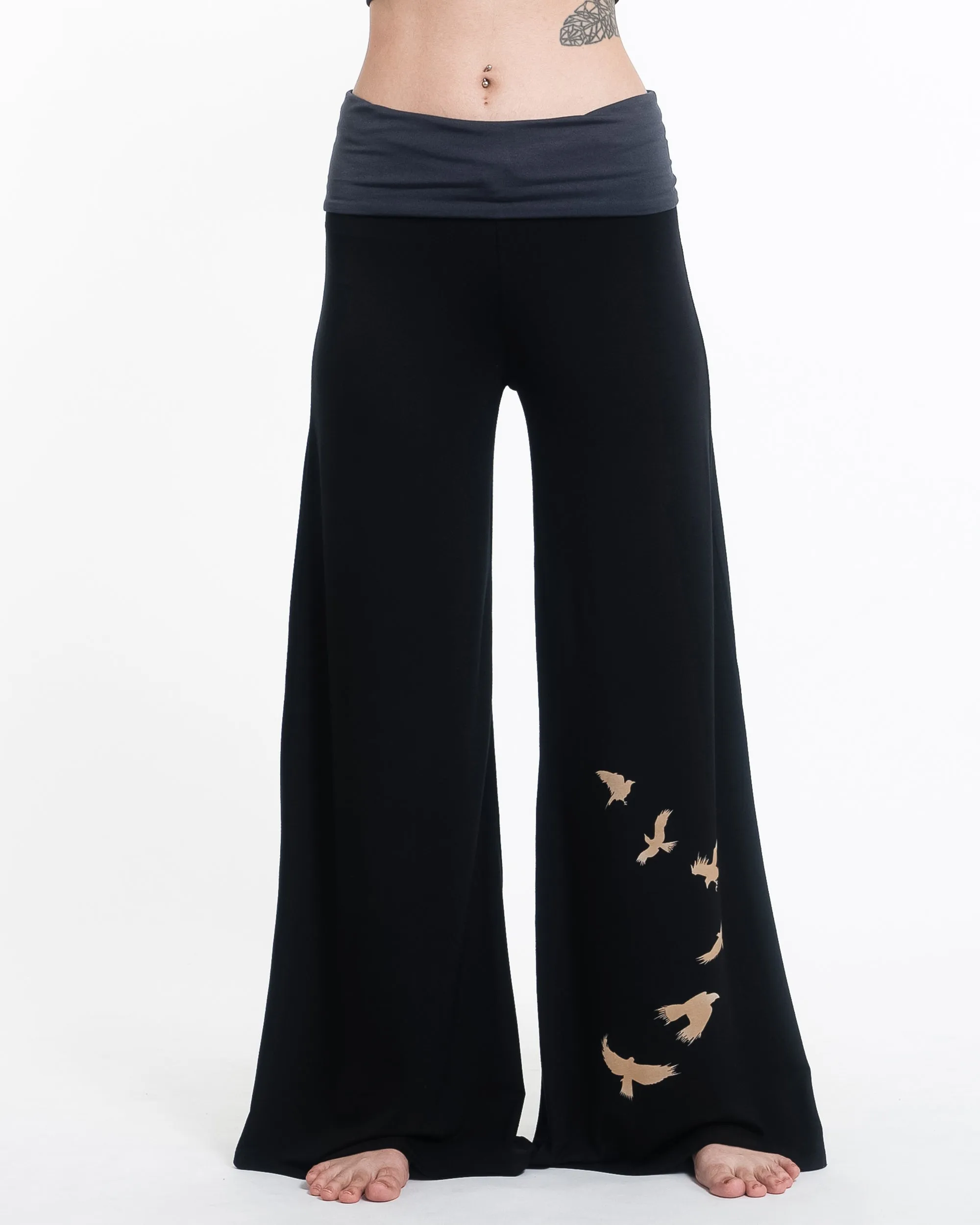 Birds Print Wide Leg Palazzo Harem Pants Cotton Spandex in Black