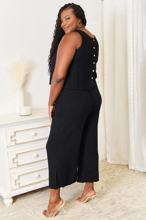 Black Buttoned Round Neck Tank and Wide Leg Pants Set