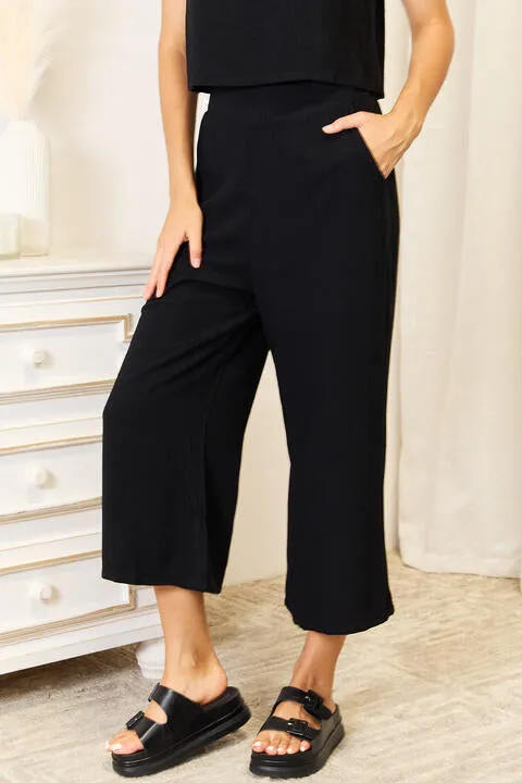 Black Buttoned Round Neck Tank and Wide Leg Pants Set