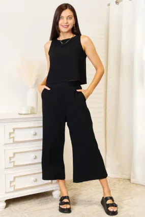 Black Buttoned Round Neck Tank and Wide Leg Pants Set