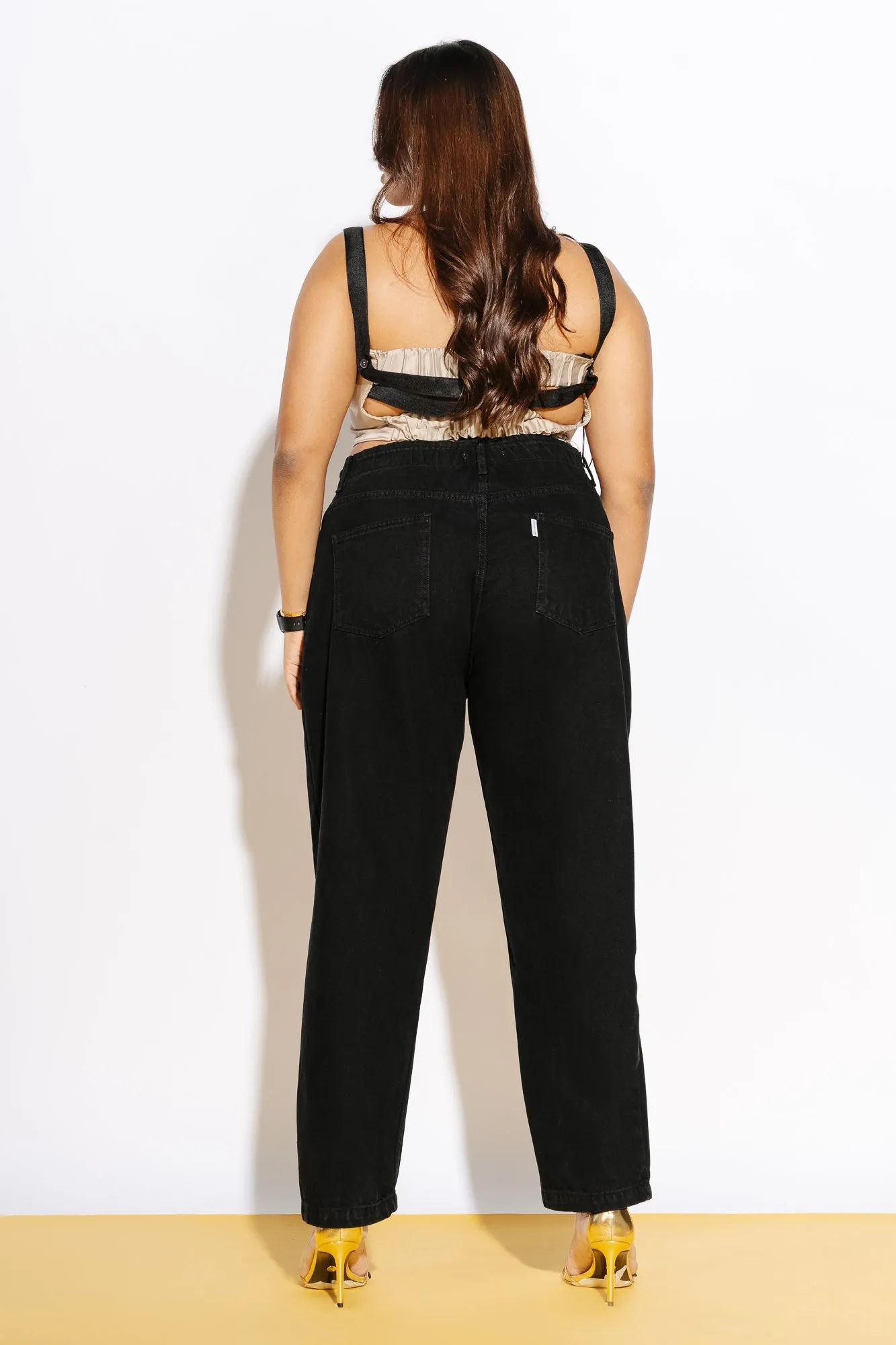 Black Elasticated Distress Mom Jeans