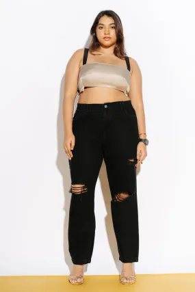 Black Elasticated Distress Mom Jeans