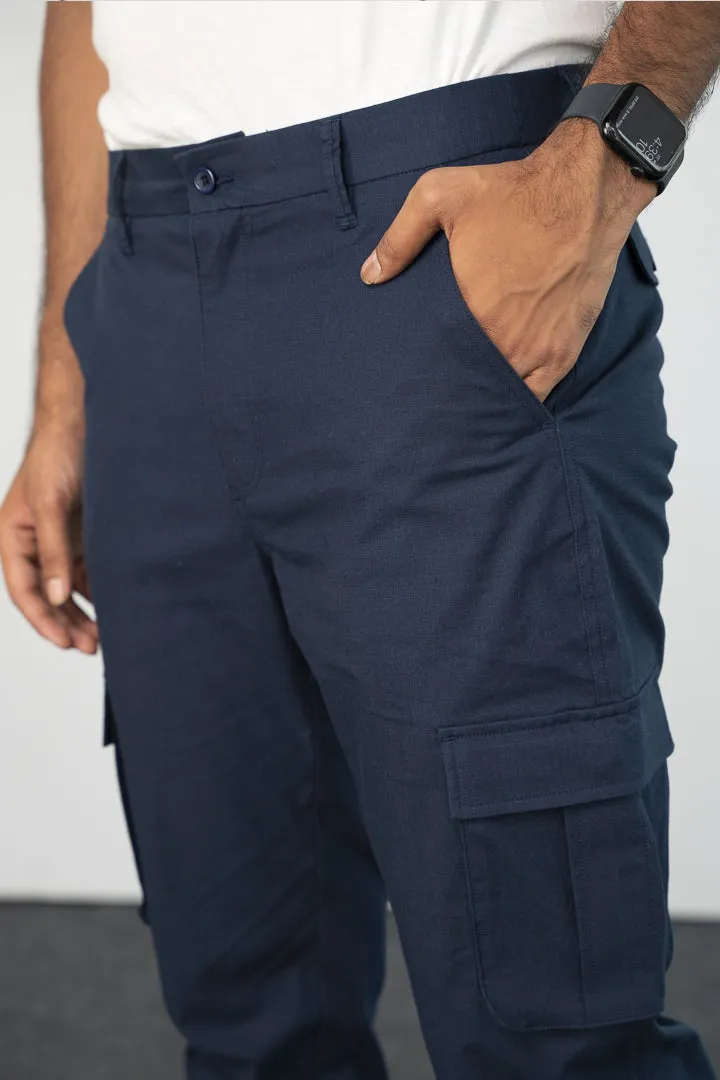 Blue Ripstop Textured Cargo Pants