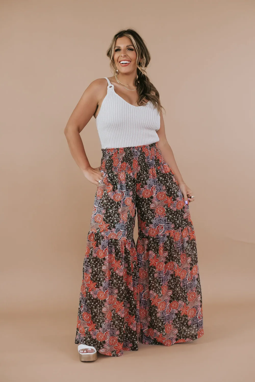 Boho Wide Leg Printed Pants, Brown