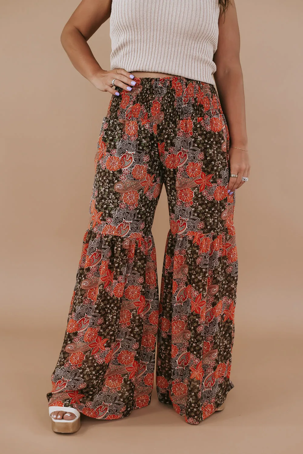 Boho Wide Leg Printed Pants, Brown