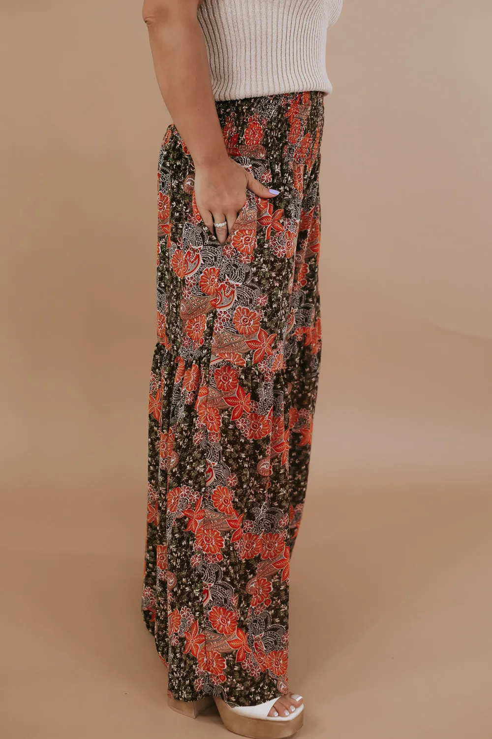 Boho Wide Leg Printed Pants, Brown