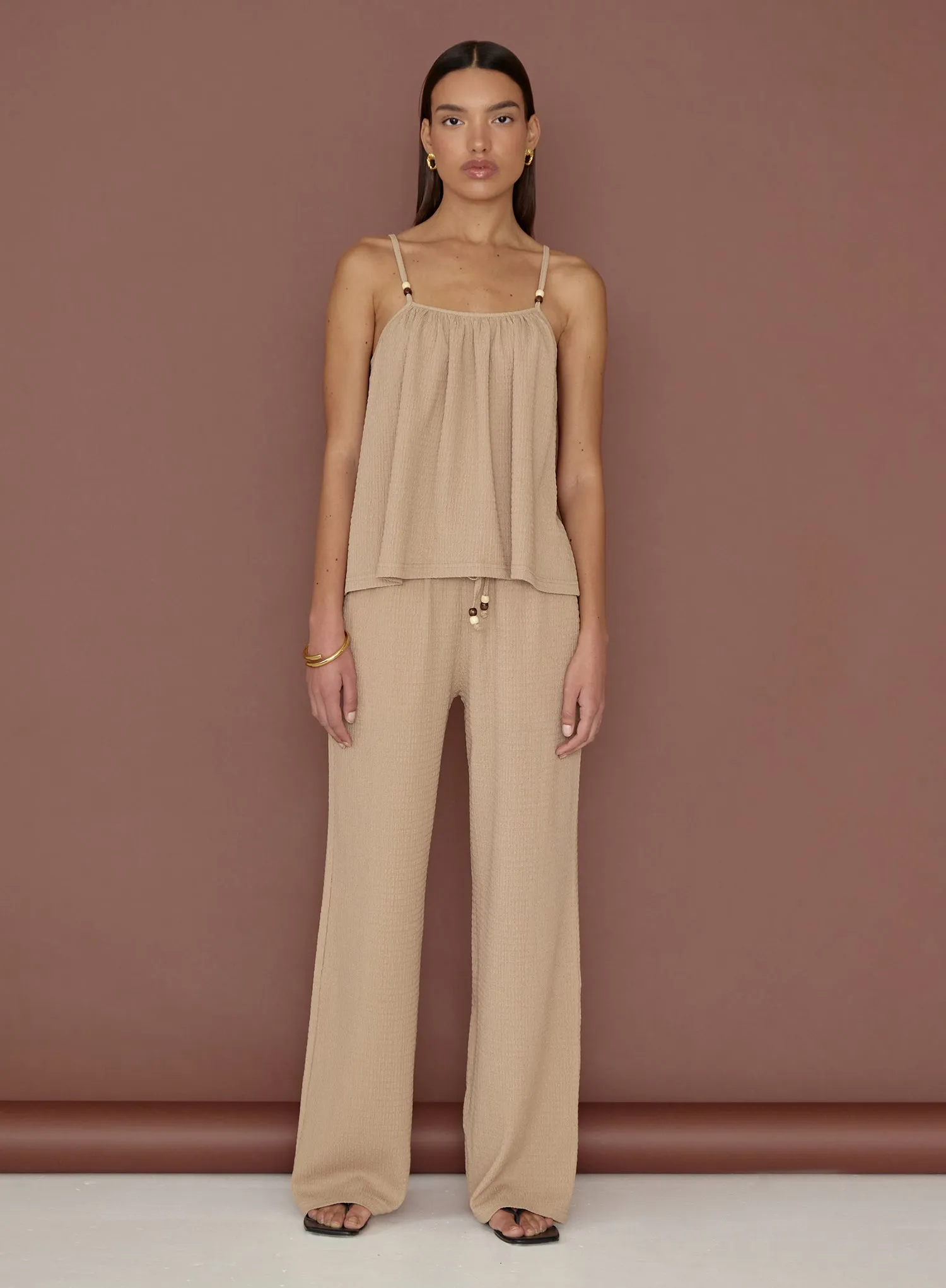 Camel Textured Wide Leg Trouser- Gia