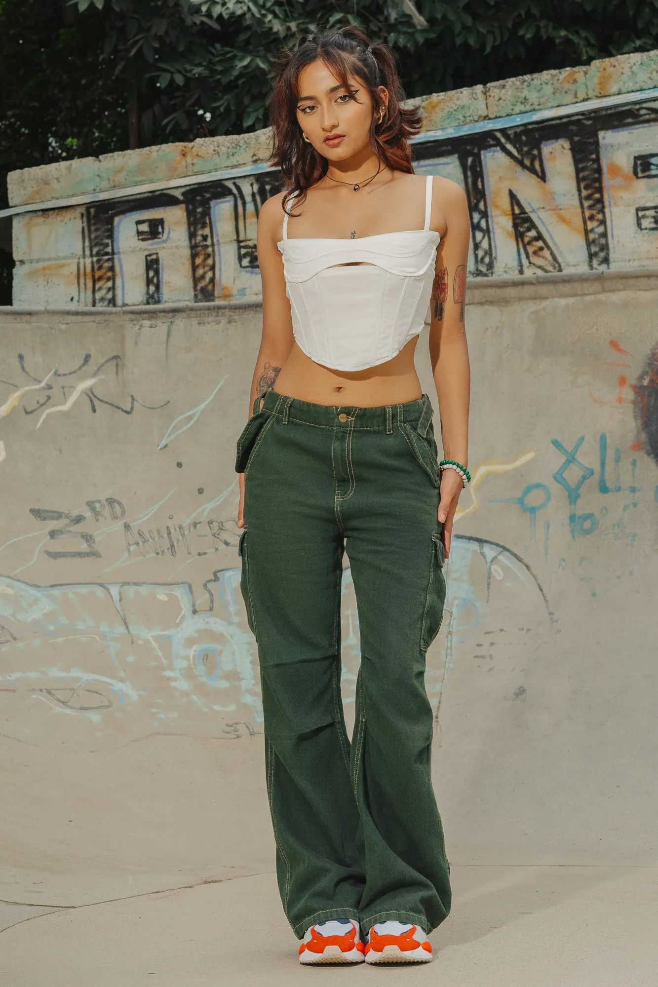 Contrast Stitch Green Cargo Pants