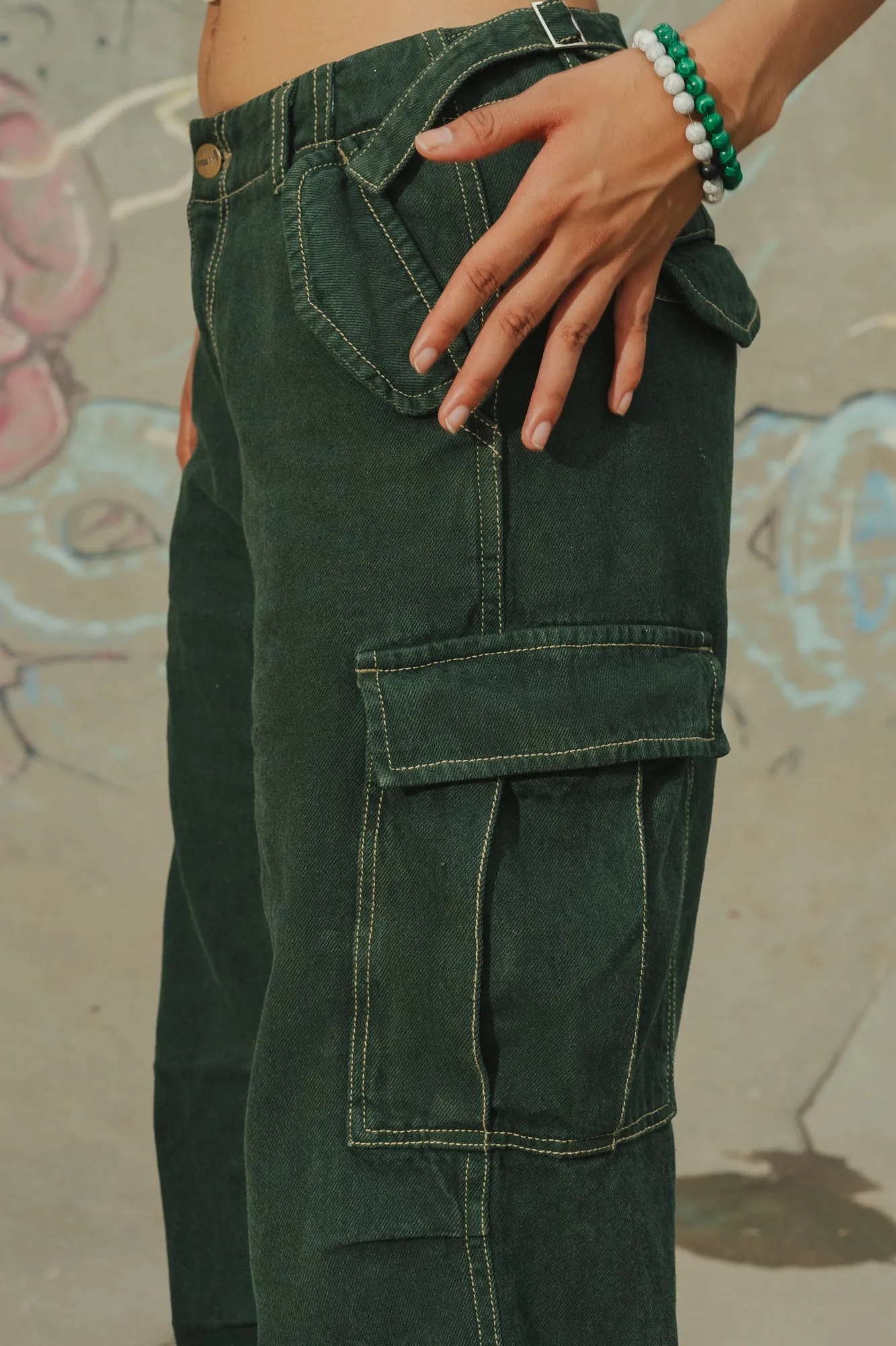 Contrast Stitch Green Cargo Pants