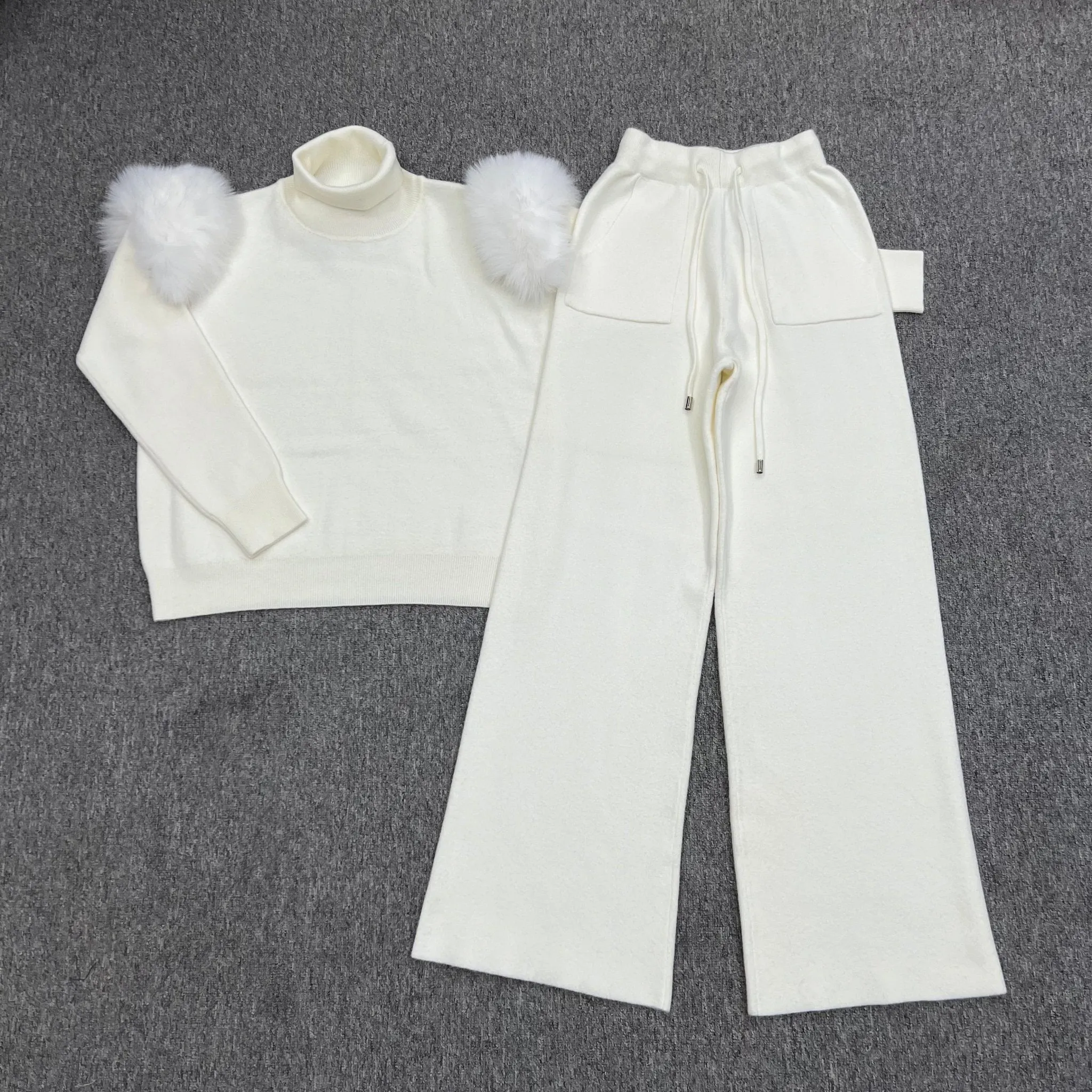 Cream Luxury Fur Roll Neck Wide Leg Tracksuit