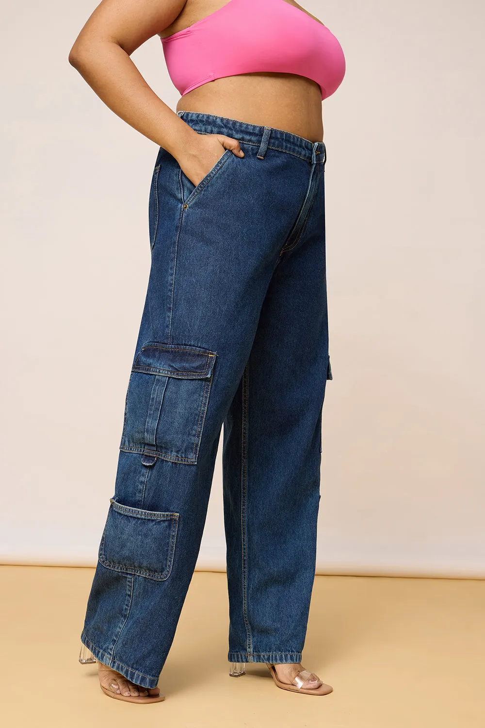 Curved Blue Denim Cargo Jeans