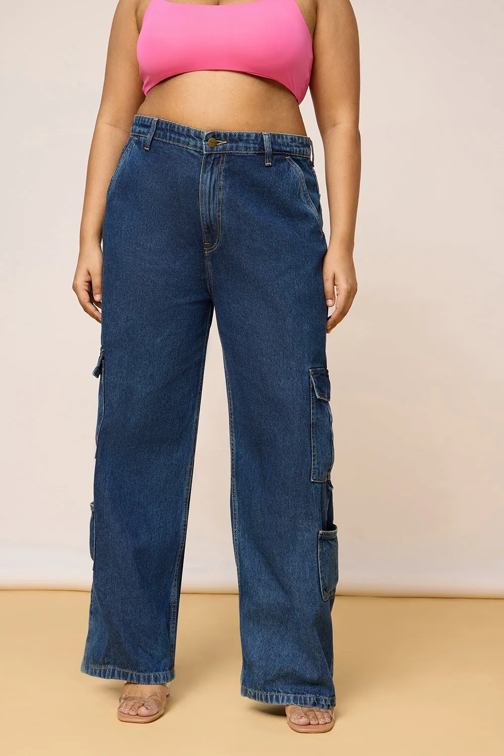 Curved Blue Denim Cargo Jeans