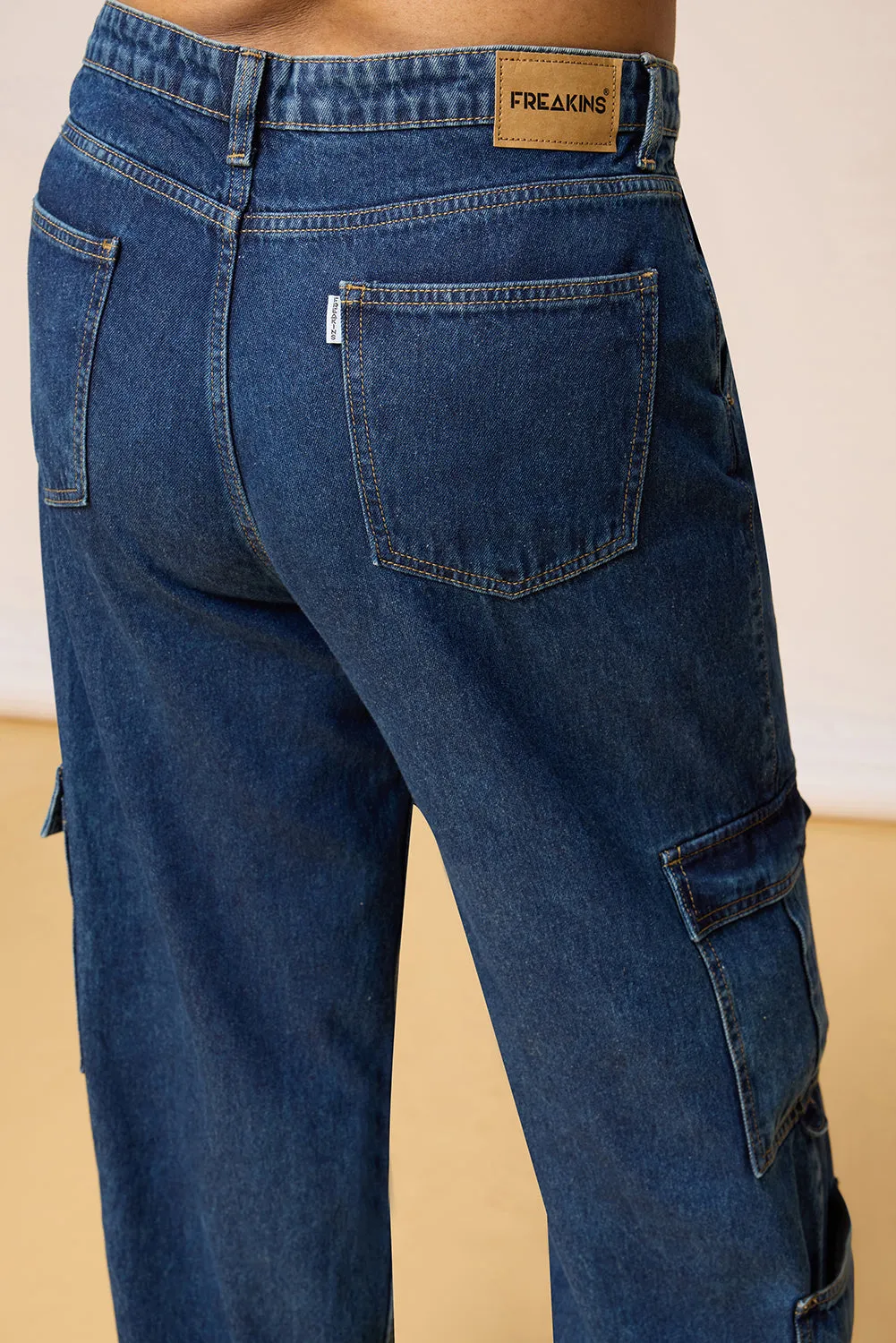 Curved Blue Denim Cargo Jeans