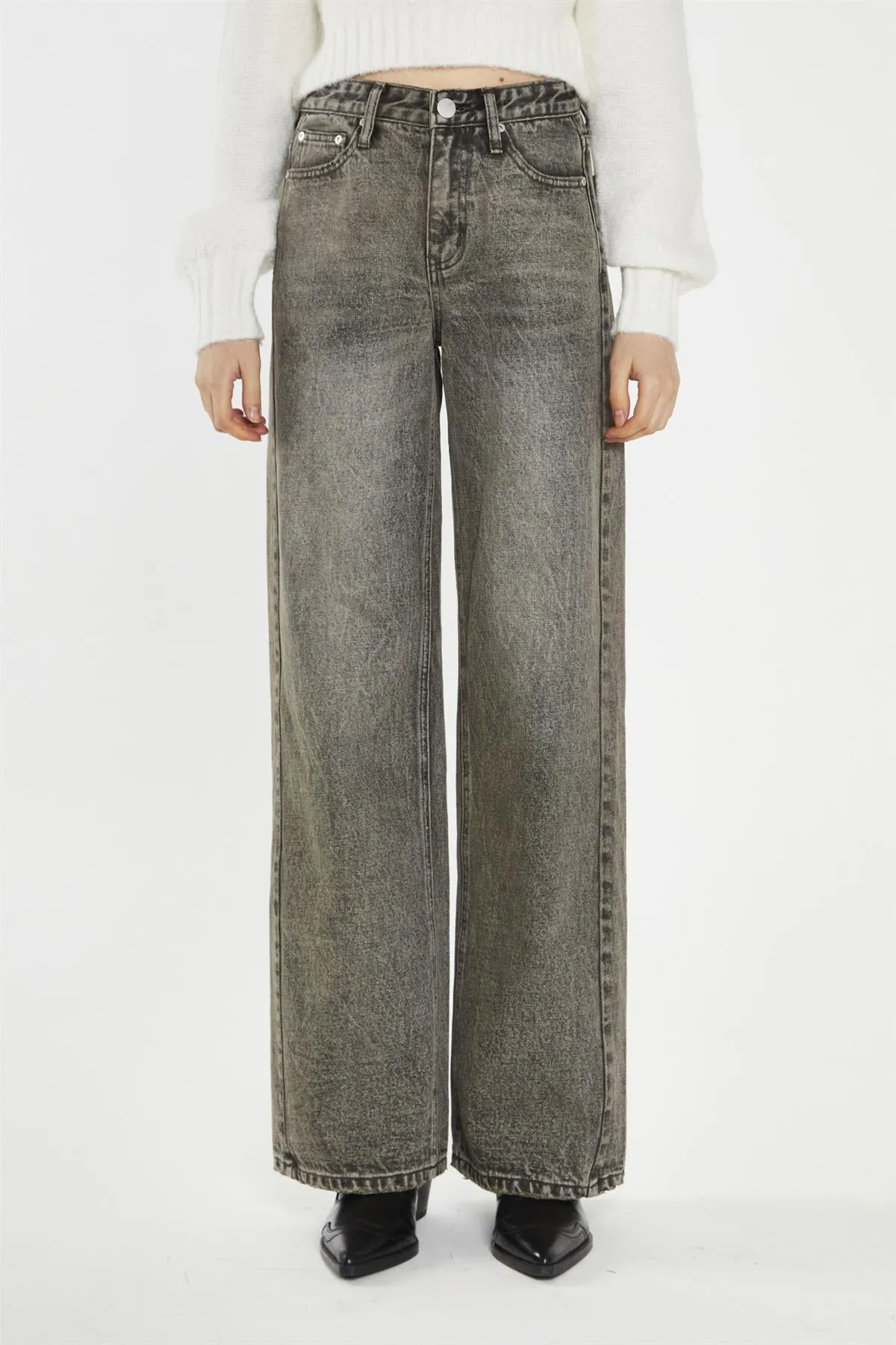 Dirty-Grey Wide-Leg Mid-Rise Jeans