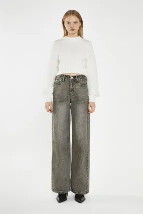 Dirty-Grey Wide-Leg Mid-Rise Jeans