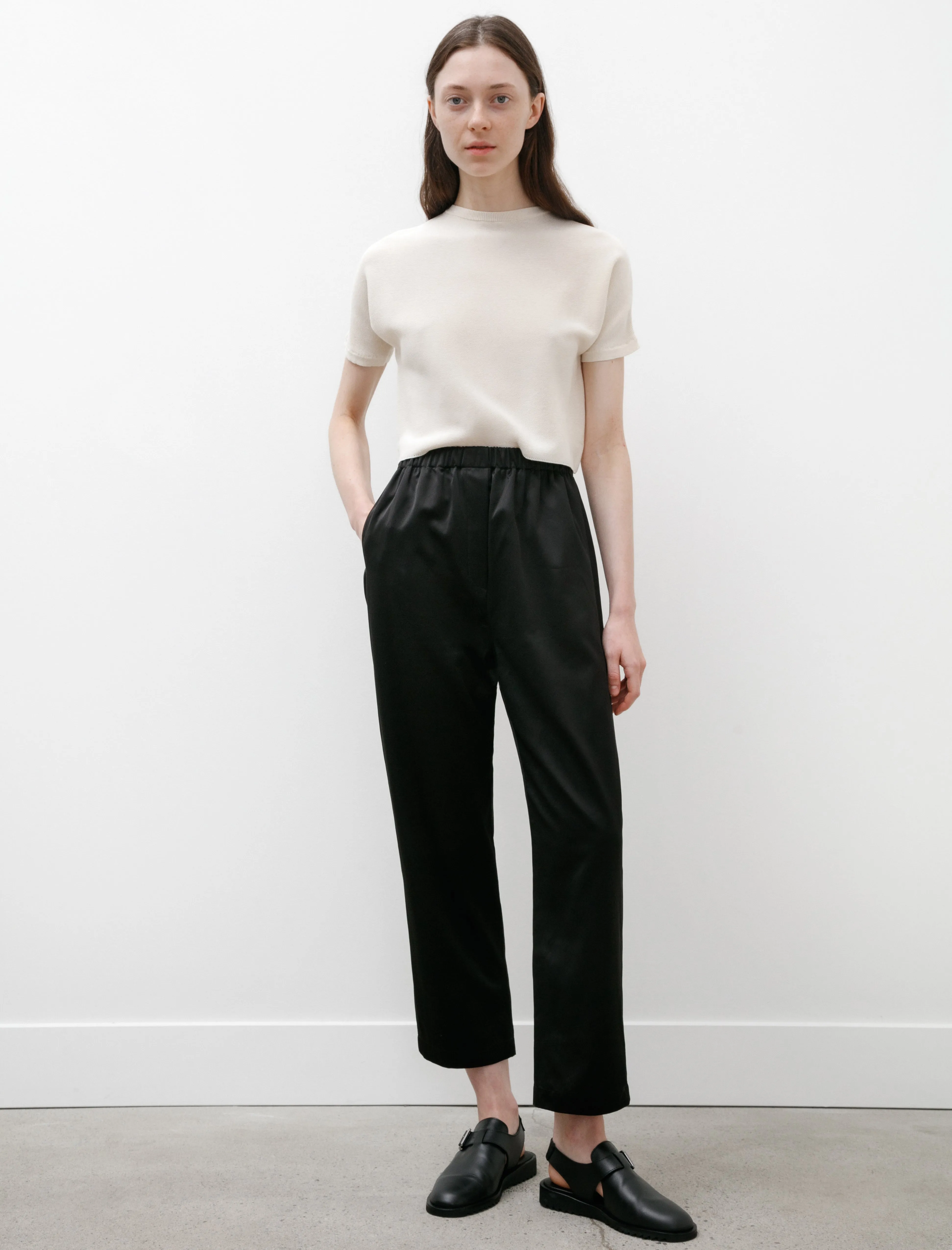 Elastic Waistband Pants Satin Black