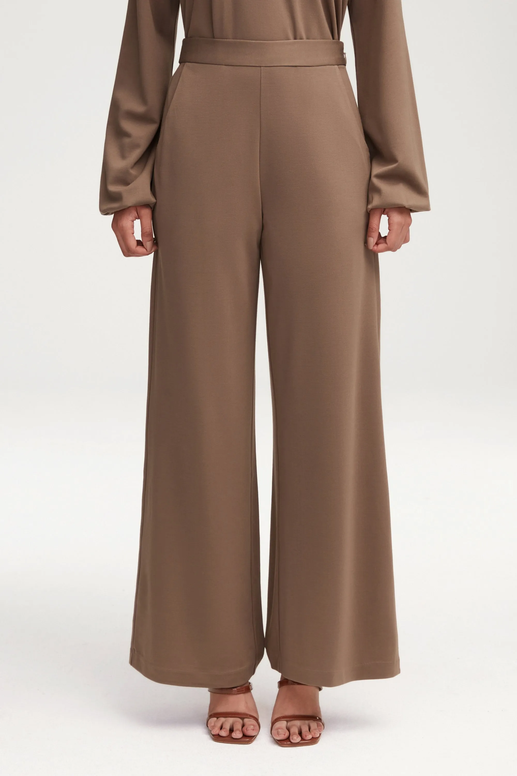 Fatima Everyday Wide Leg Jersey Pants - Dark Taupe