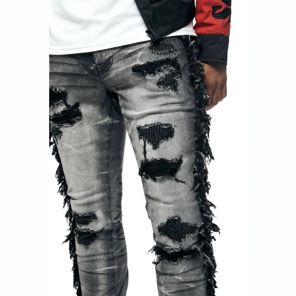 Frayed Stacked Denim Jeans - Lightning Black