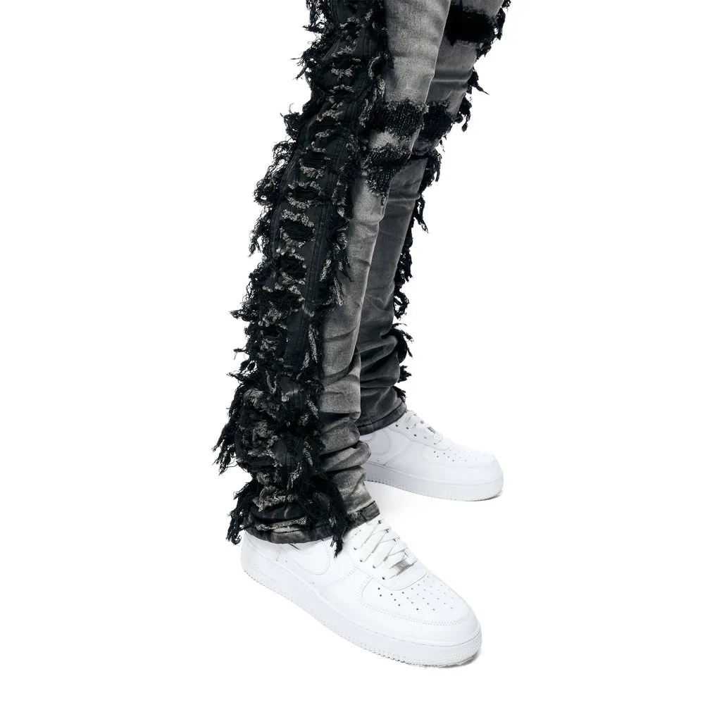 Frayed Stacked Denim Jeans - Lightning Black