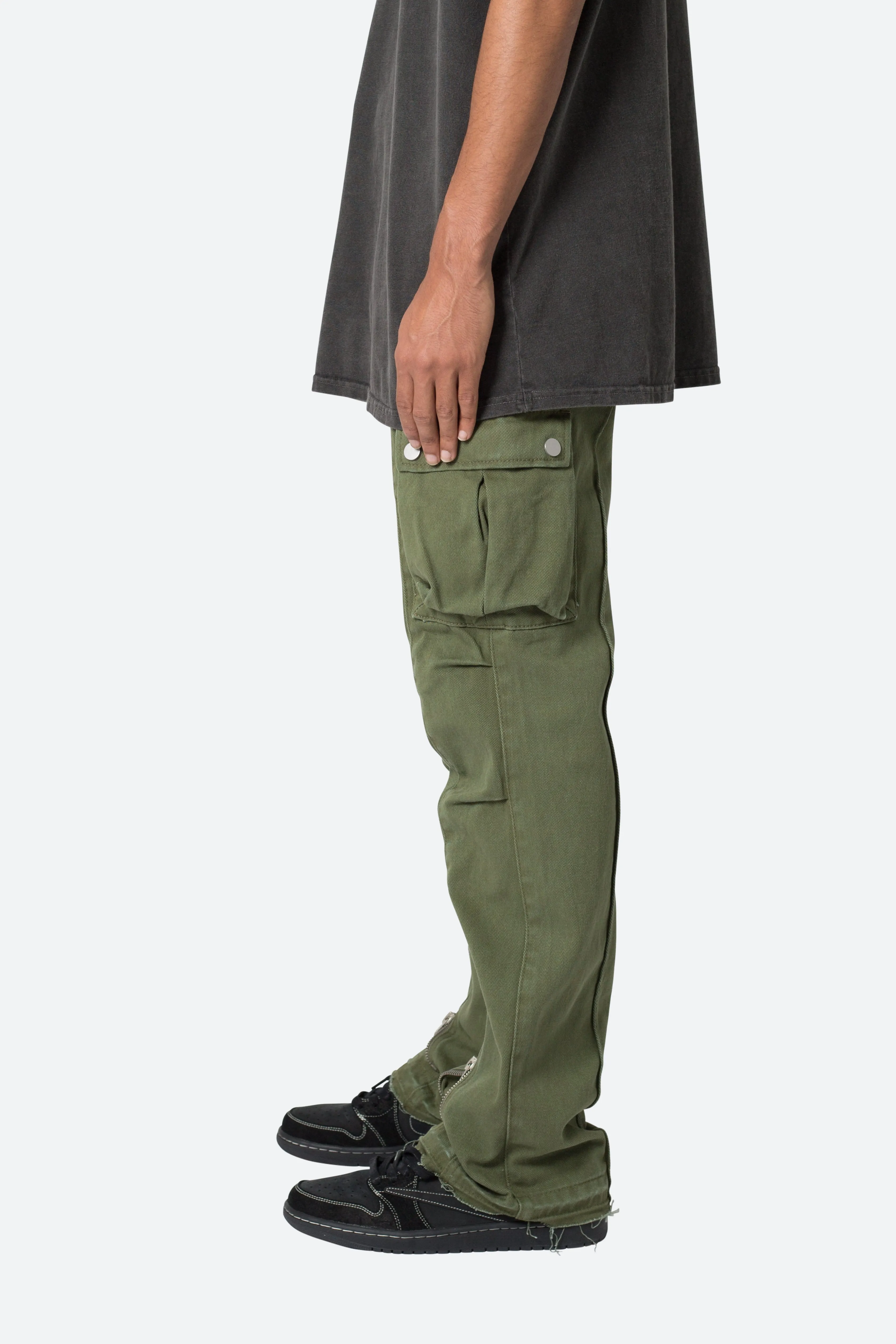 Front Zip Flare Cargo Pants - Olive