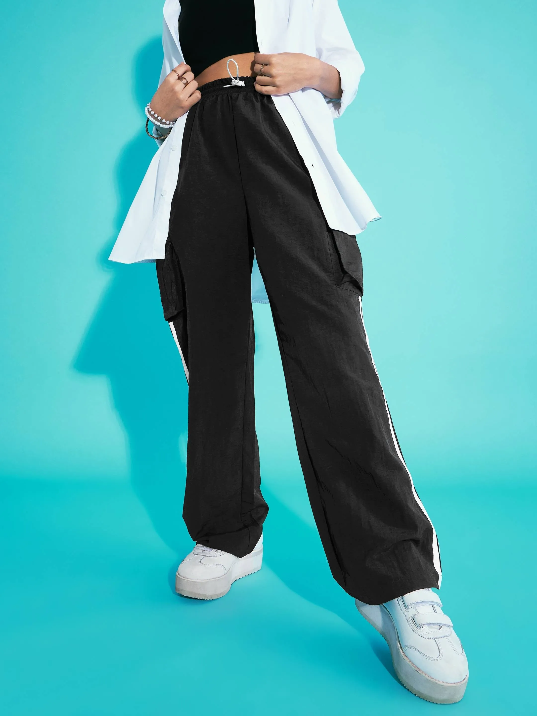 Girls Black Contrast Side Tape Cargo Parachute Pants