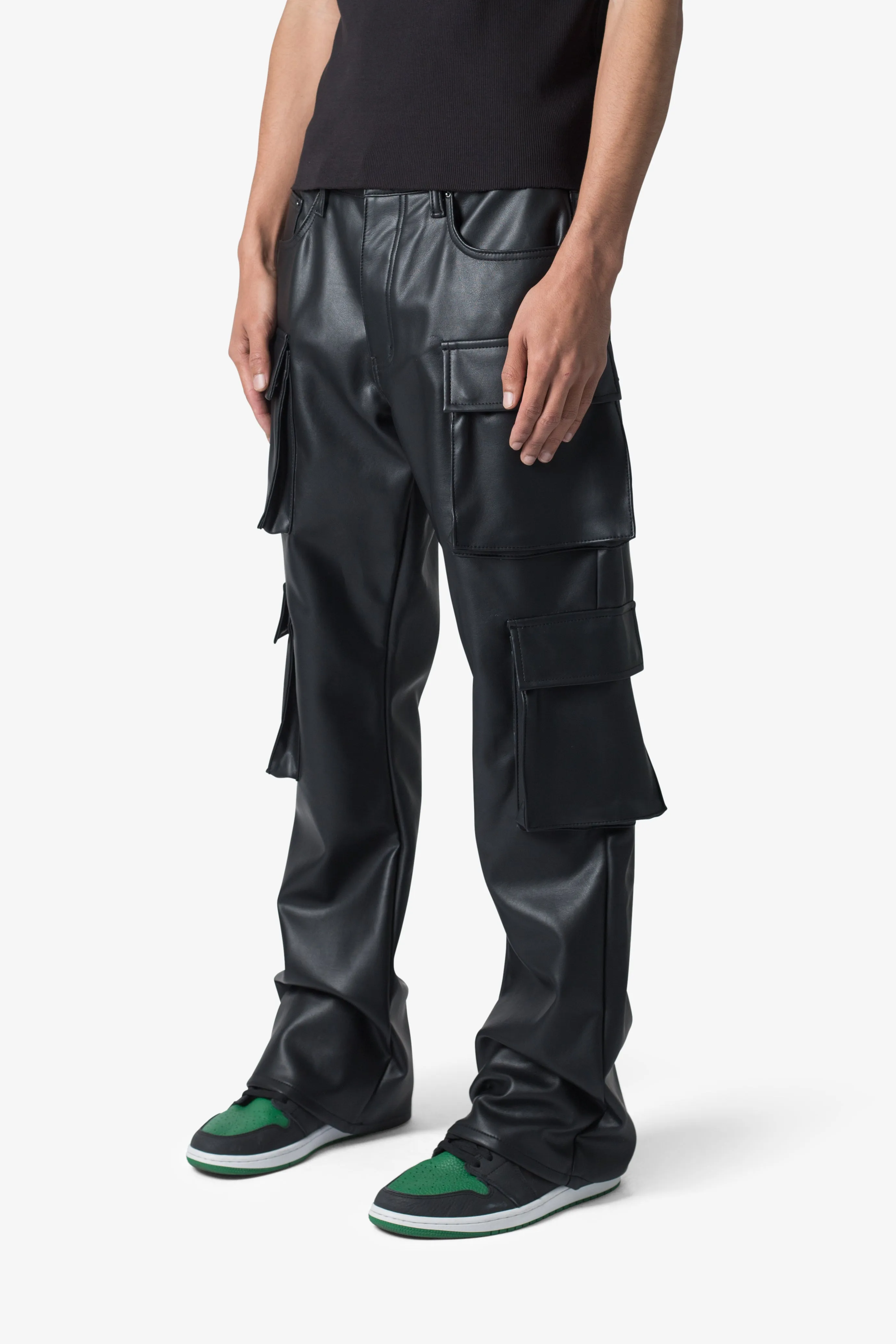 Leather Double Snap Cargo Pants - Black