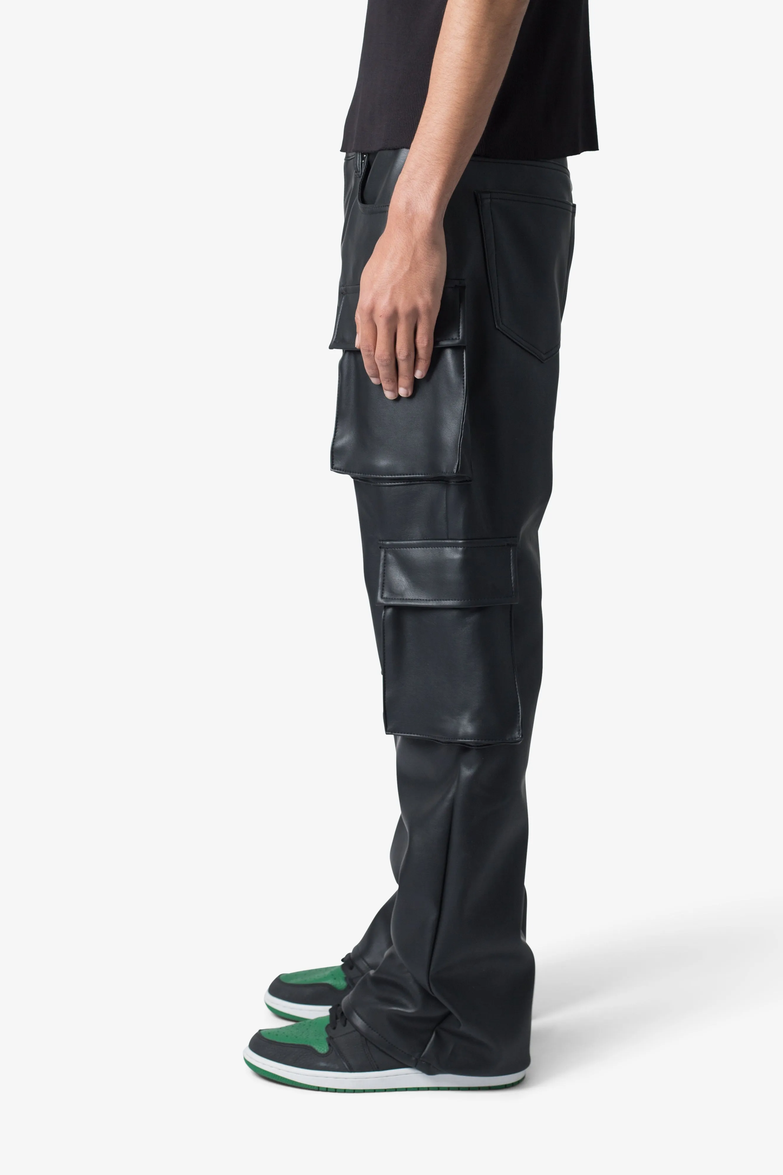 Leather Double Snap Cargo Pants - Black