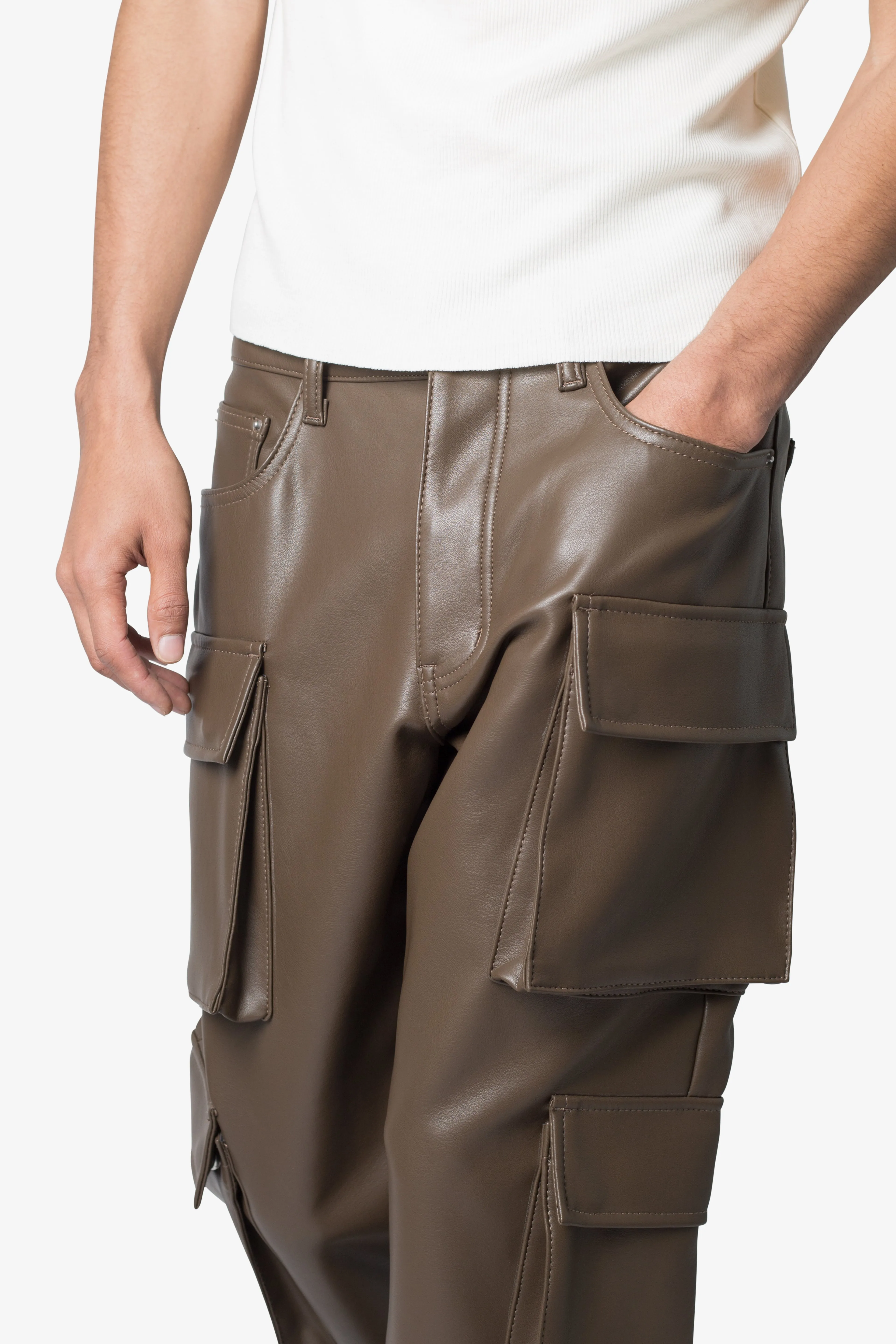 Leather Double Snap Cargo Pants - Chocolate