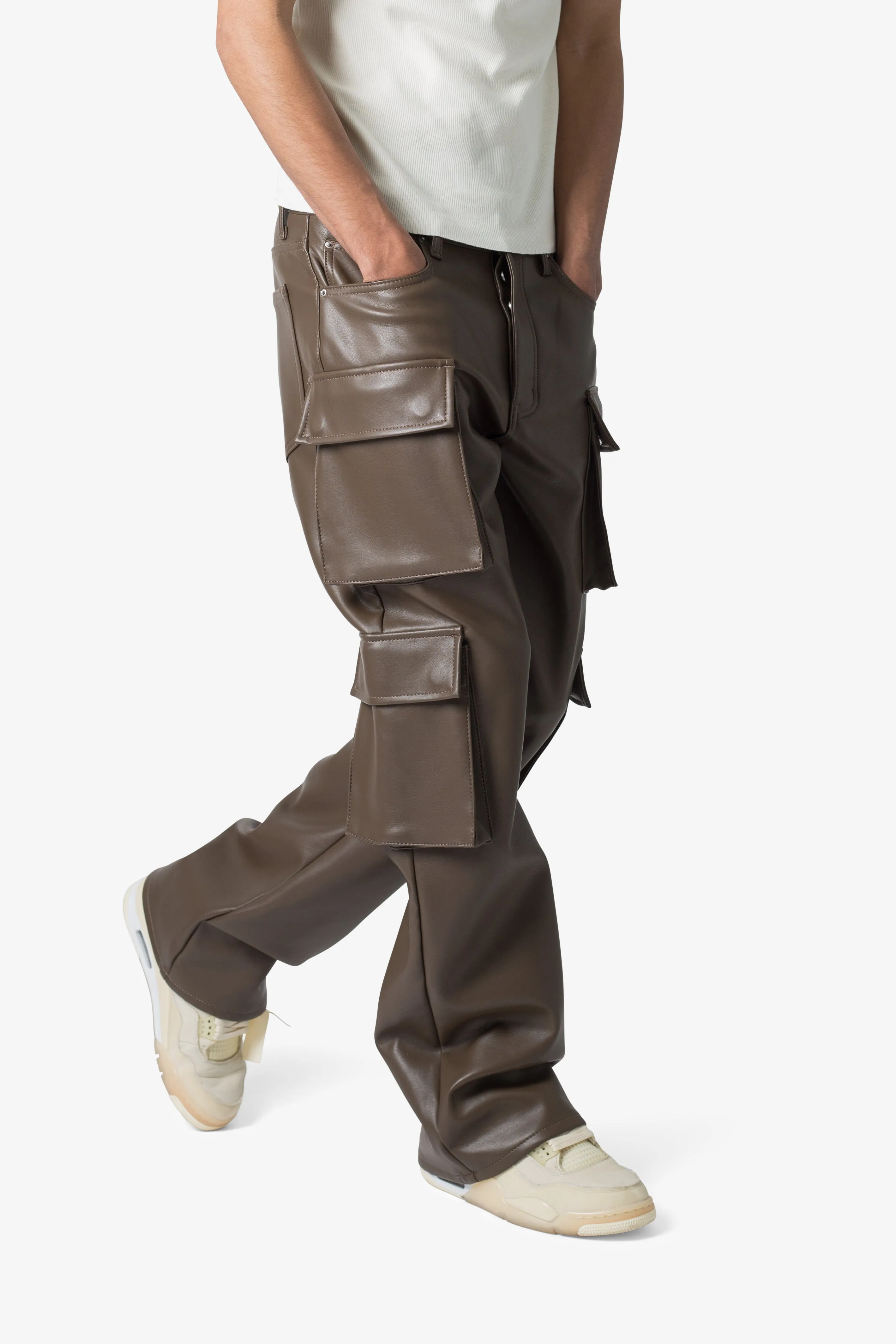 Leather Double Snap Cargo Pants - Chocolate