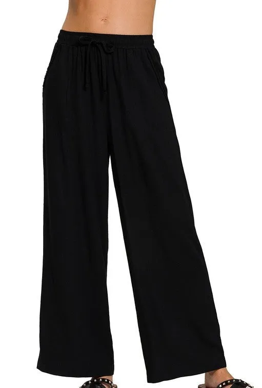 Linen Blend Wide Leg Pants