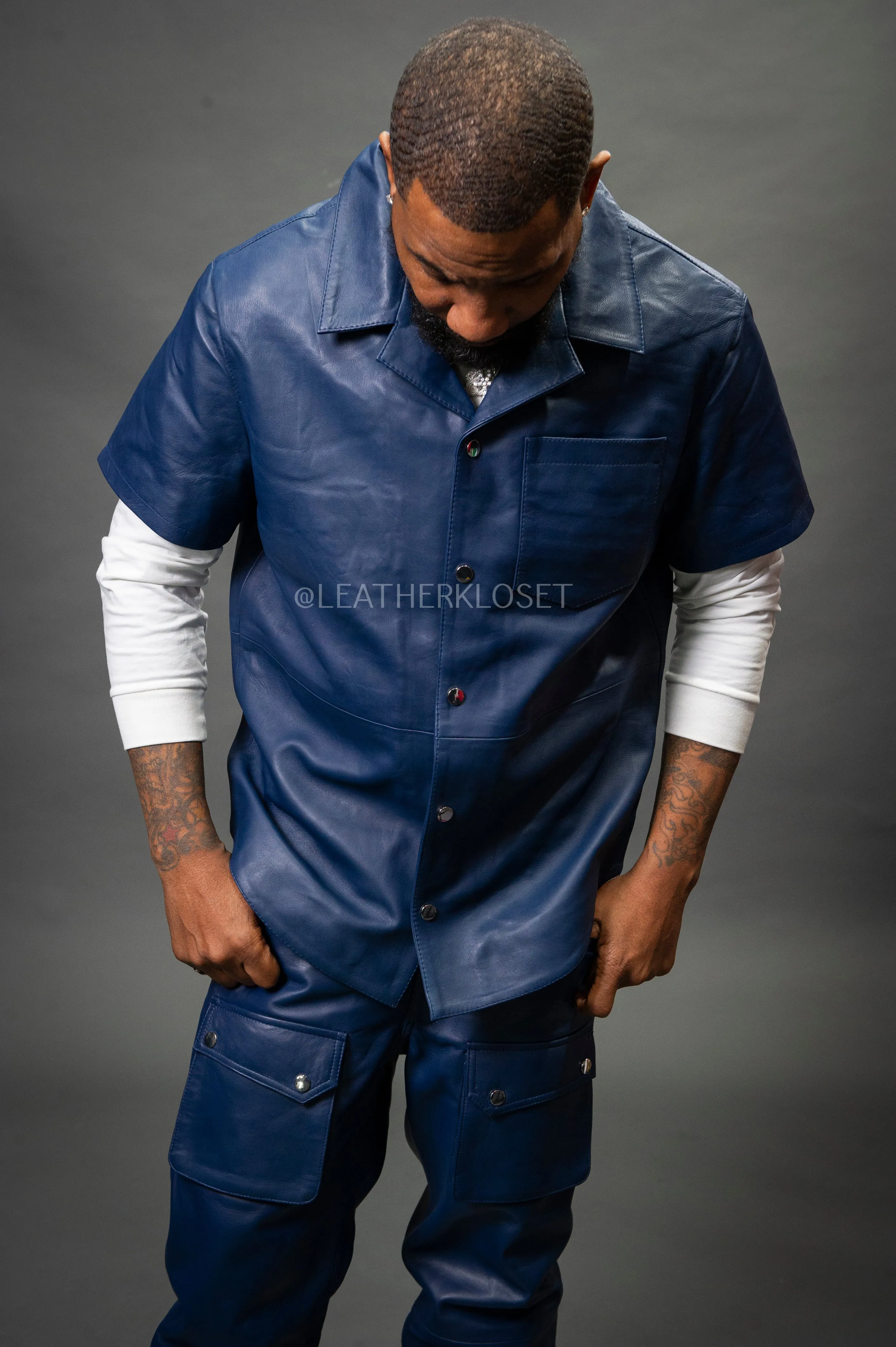 Men's Luka Leather Short Sleeve Shirt And Cargo Pants Set [Navy]