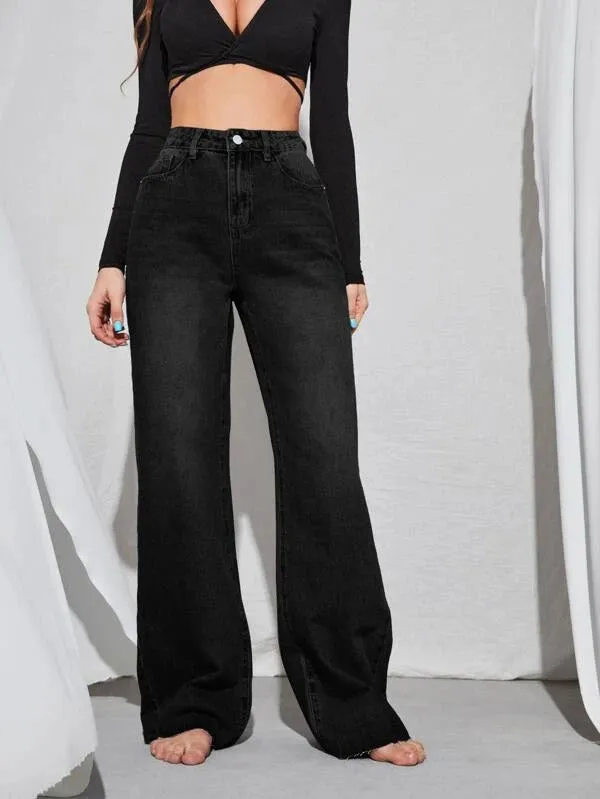 Moonlight Black Raw Hem Wide Leg Jeans