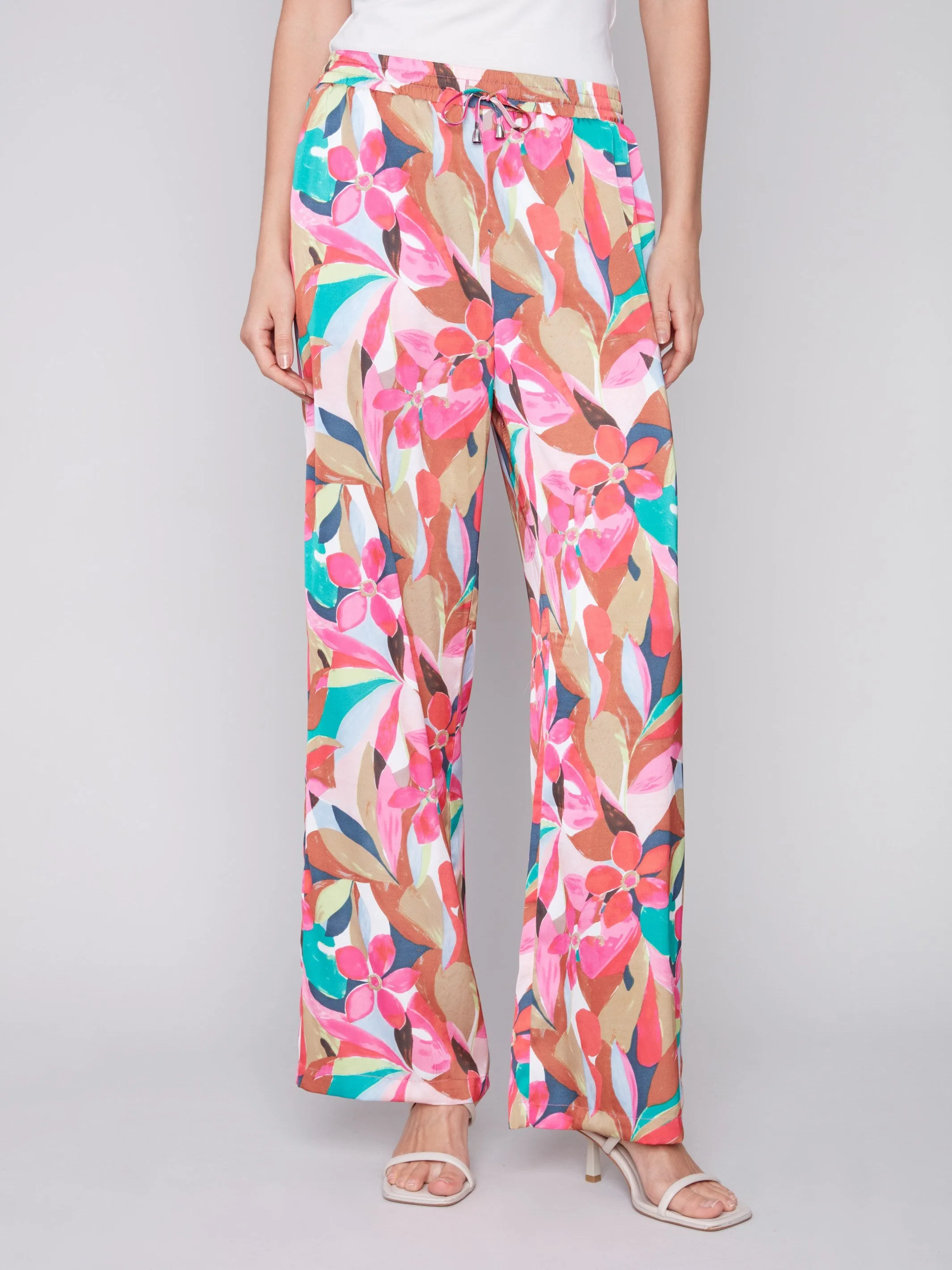 Printed Wide Leg Satin Pants - Flora