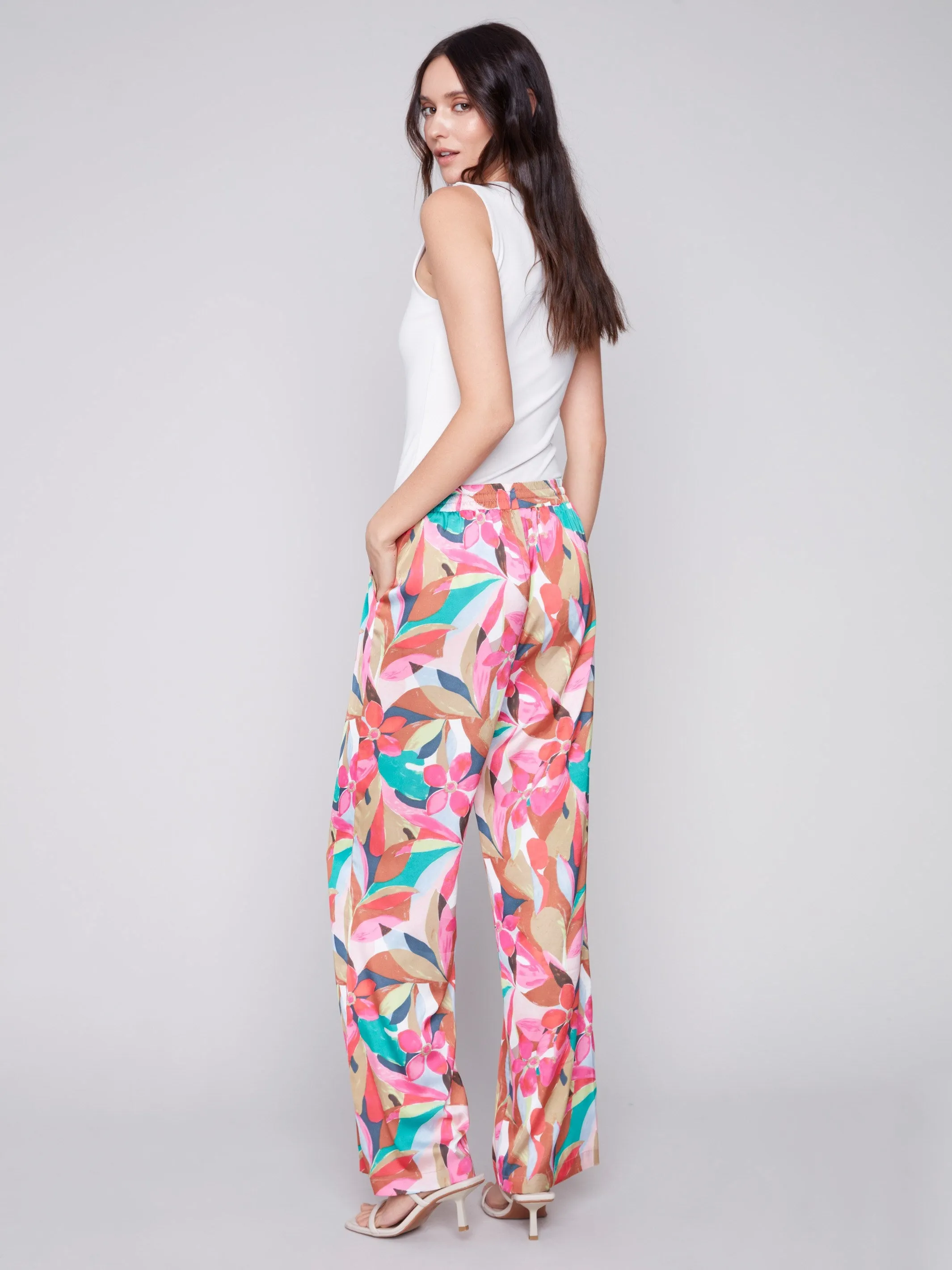 Printed Wide Leg Satin Pants - Flora