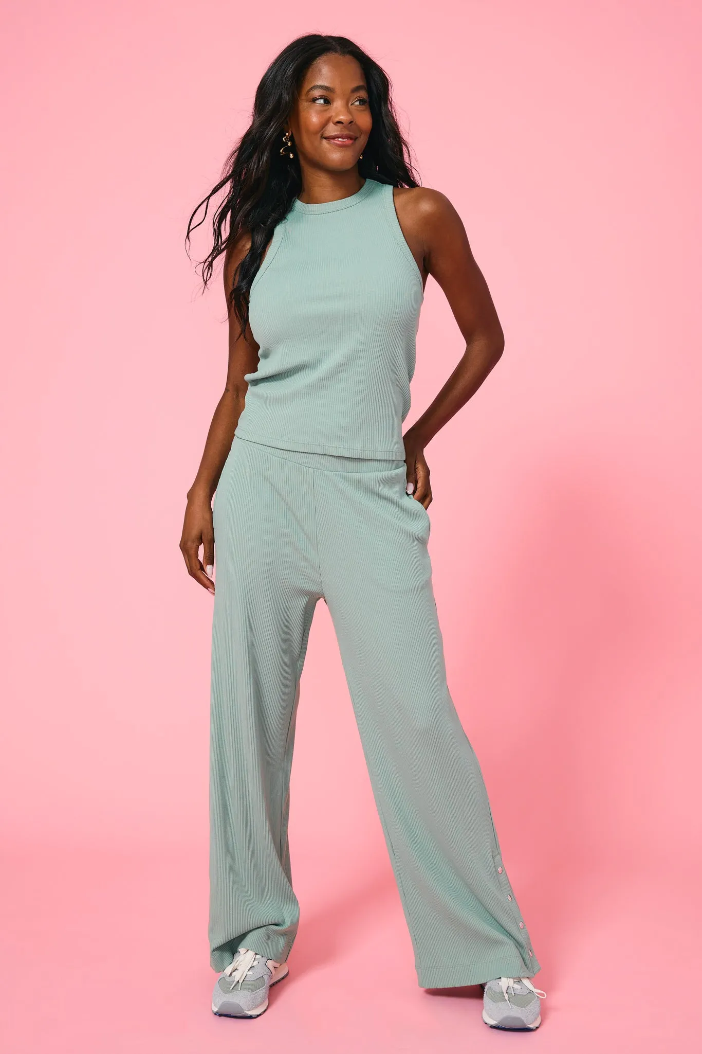 Rib Wide Leg Pant in Sage