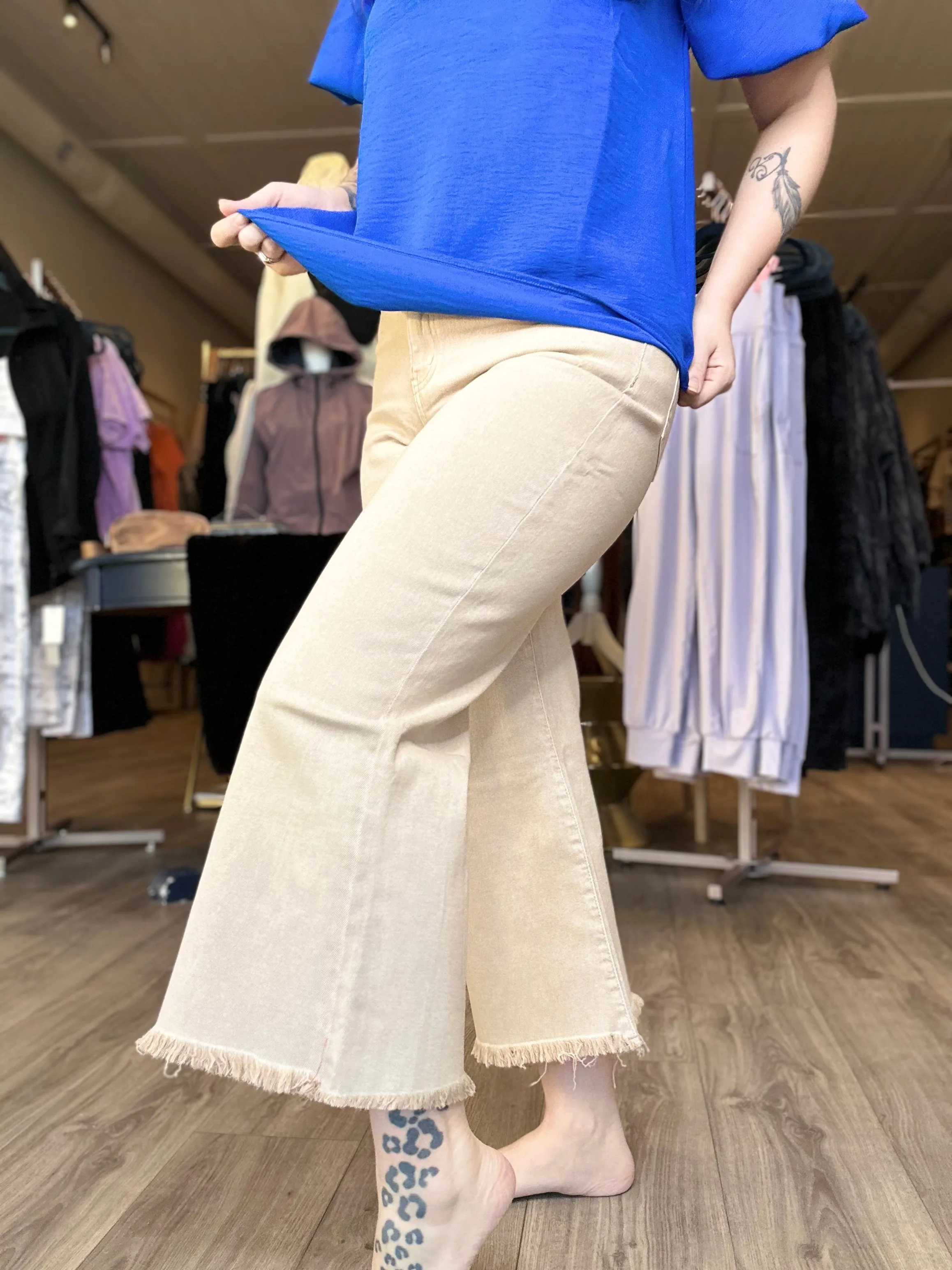 Sand Beige Washed Frayed Wide Leg Jeans