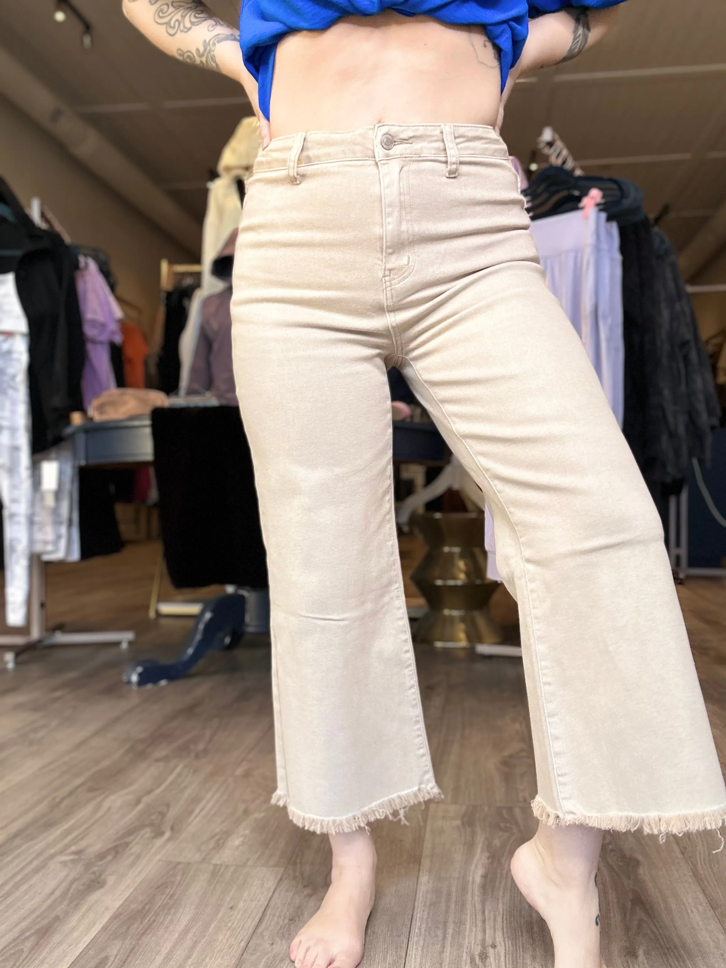 Sand Beige Washed Frayed Wide Leg Jeans