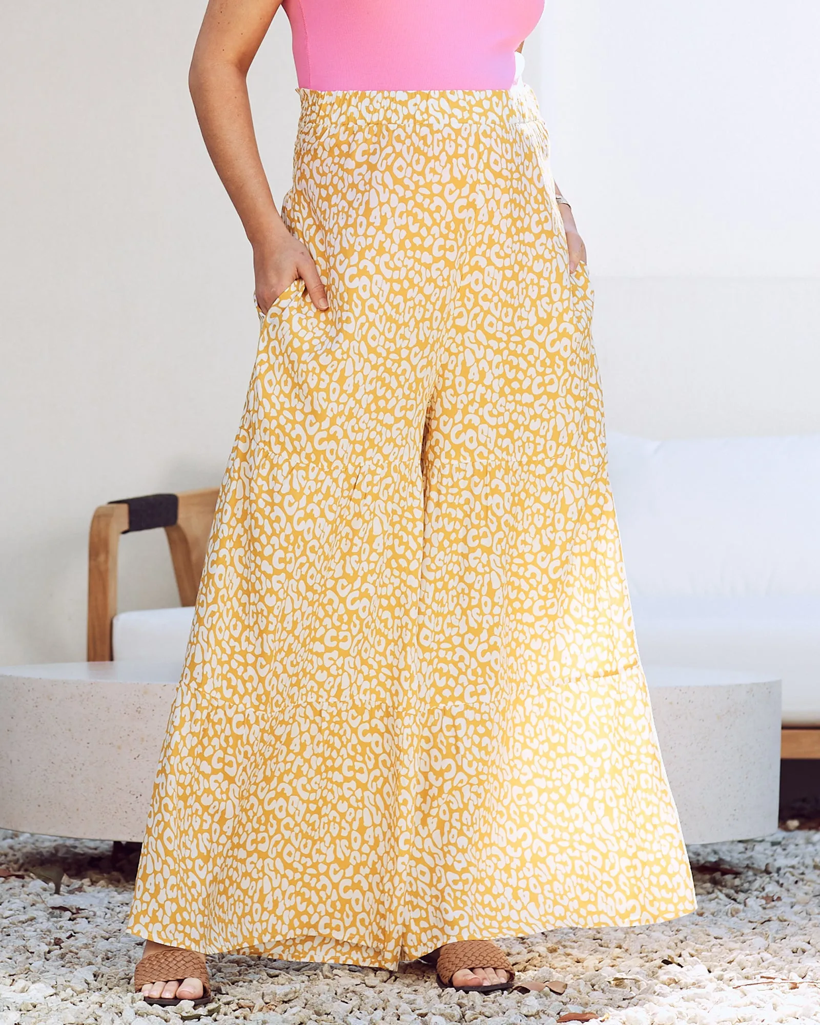 Stacie Wide Leg Maternity Ruffled Pants in Yellow Animal Print