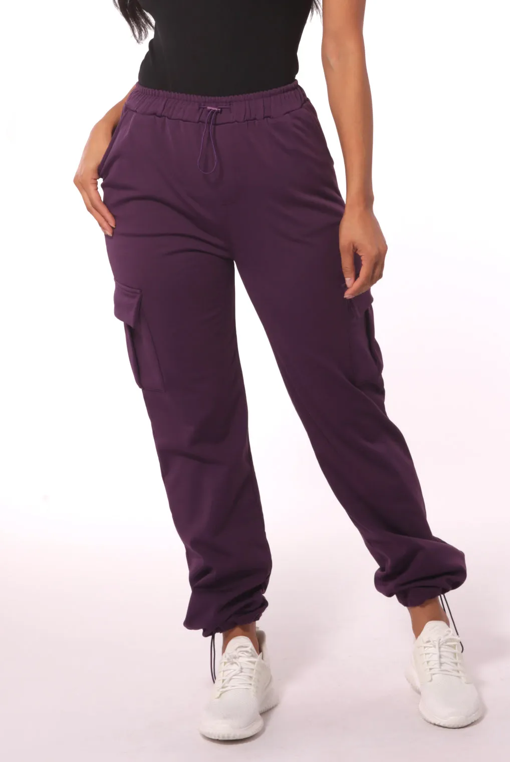 Straight Leg Cargo Pants With Bungee Cord Ties - Purple